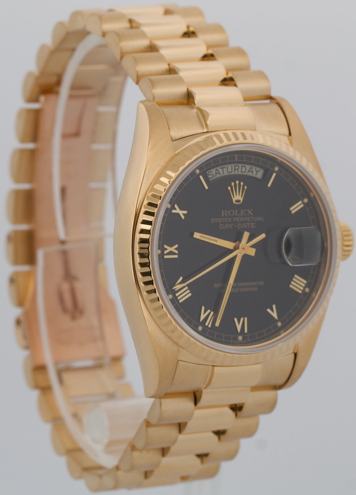 1979 Rolex Day-Date President 18048 Black Roman 36mm 18K Gold Fluted Watch