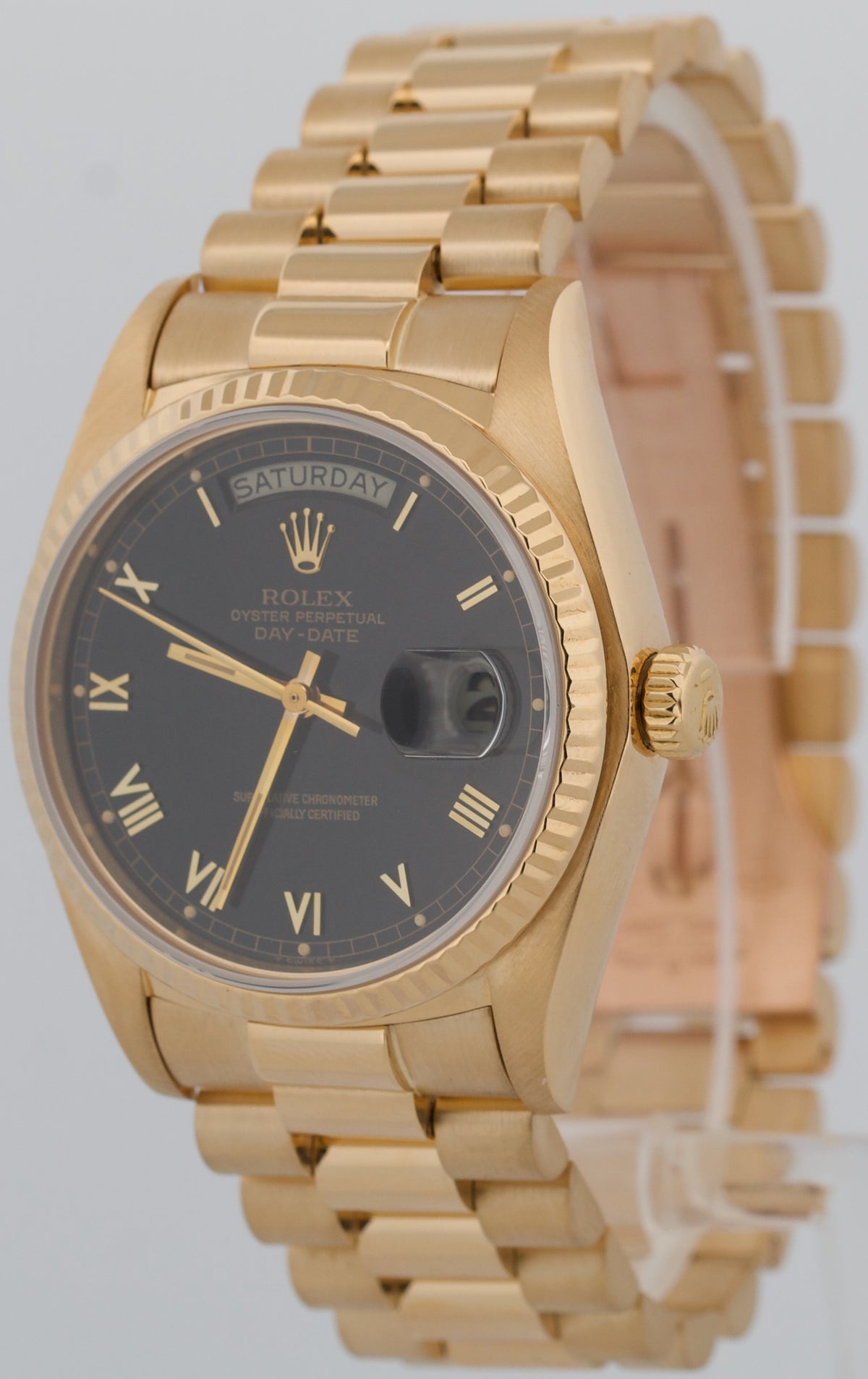 1979 Rolex Day-Date President 18048 Black Roman 36mm 18K Gold Fluted Watch