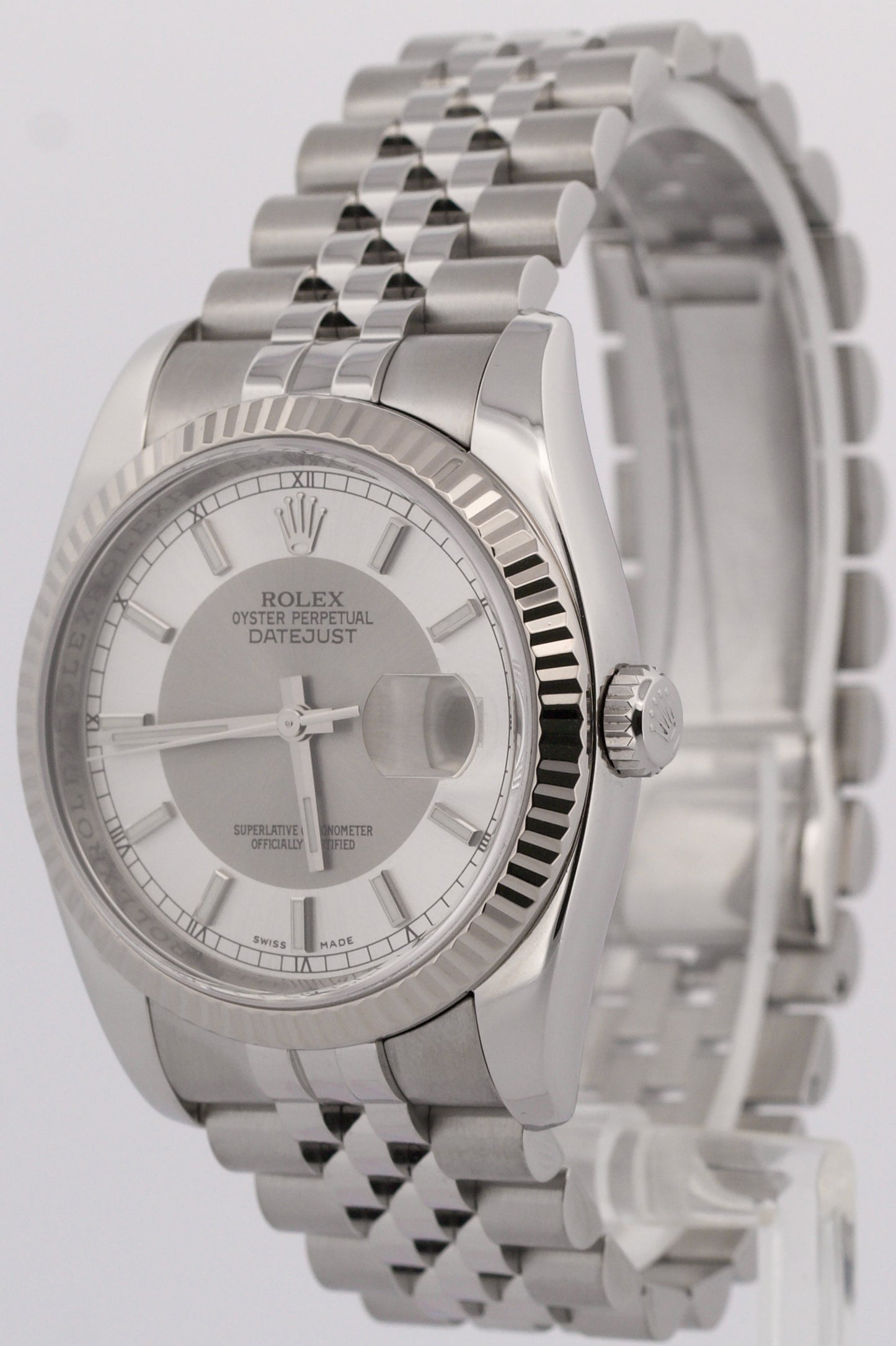 PAPERS Rolex DateJust 36mm BULLSEYE Silver Gray Steel JUBILEE 18K Red 116234 BOX