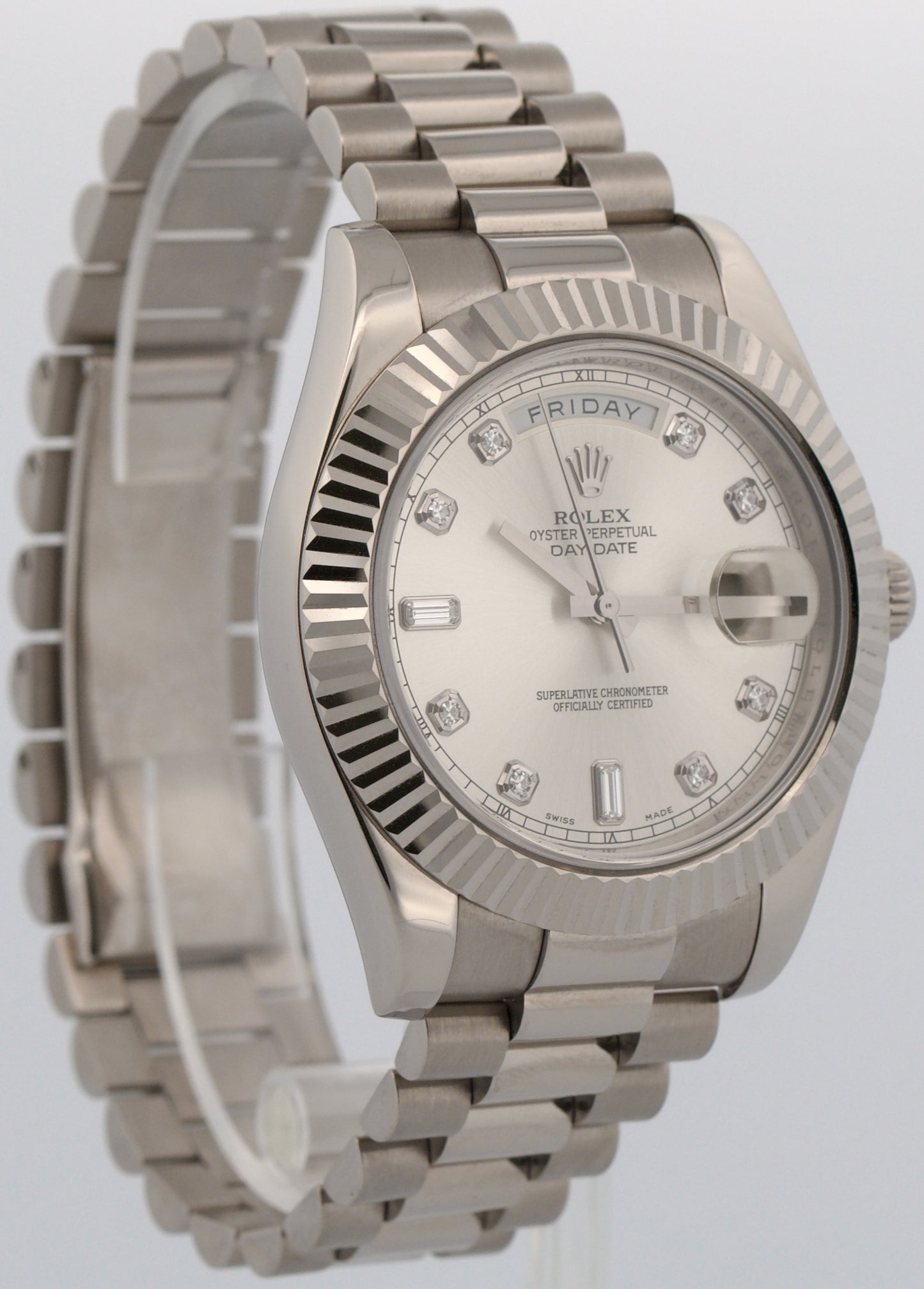 Rolex Day-Date II Presidential FACTORY SILVER DIAMOND 18K White Gold 41mm 218239