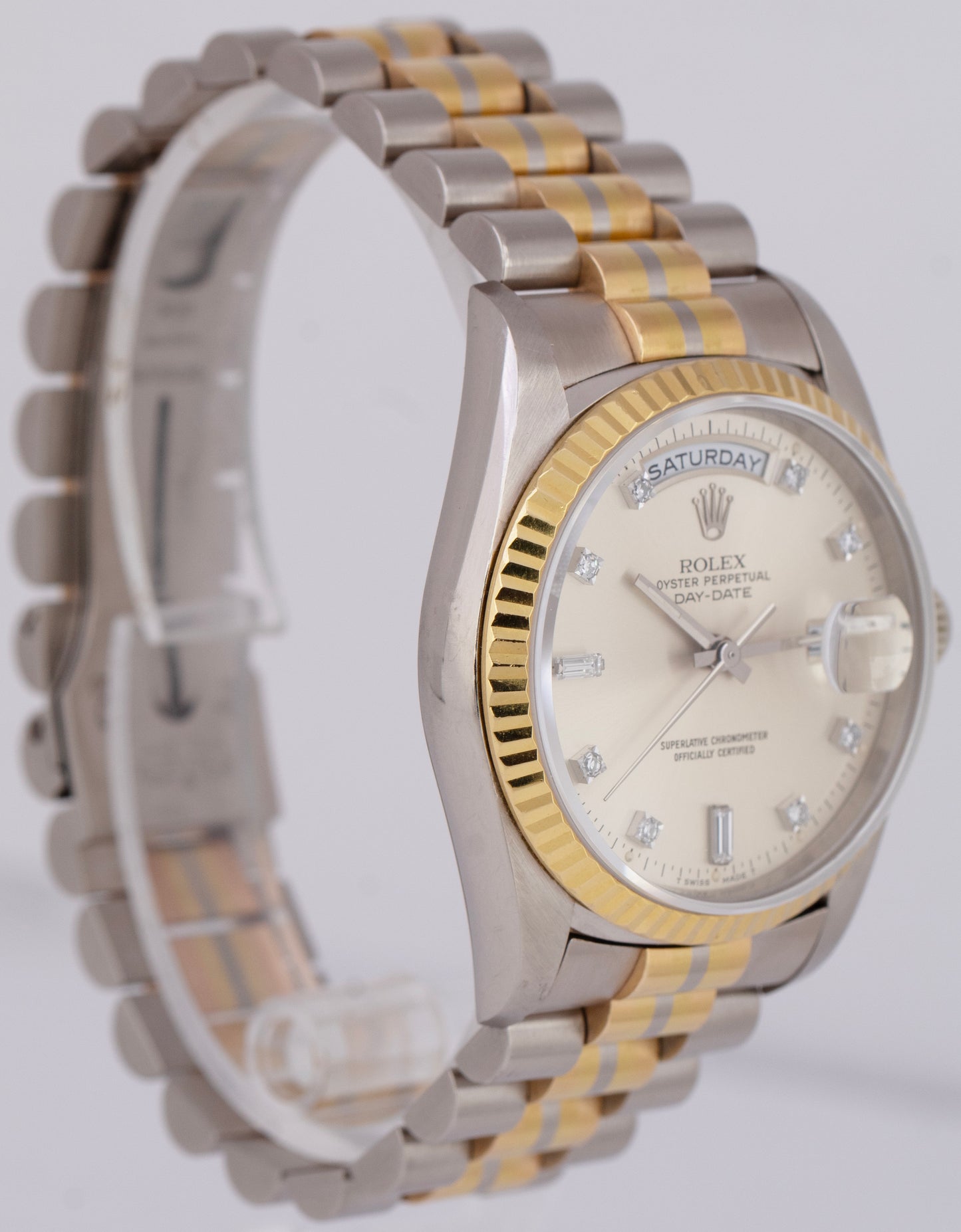 1990 Rolex Day-Date Tridor 18K Gold FACTORY SILVER DIAMOND Dial 36mm 18239 BIC
