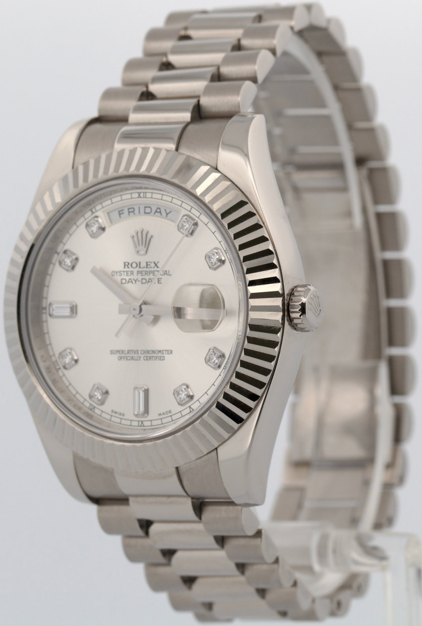 Rolex Day-Date II Presidential FACTORY SILVER DIAMOND 18K White Gold 41mm 218239
