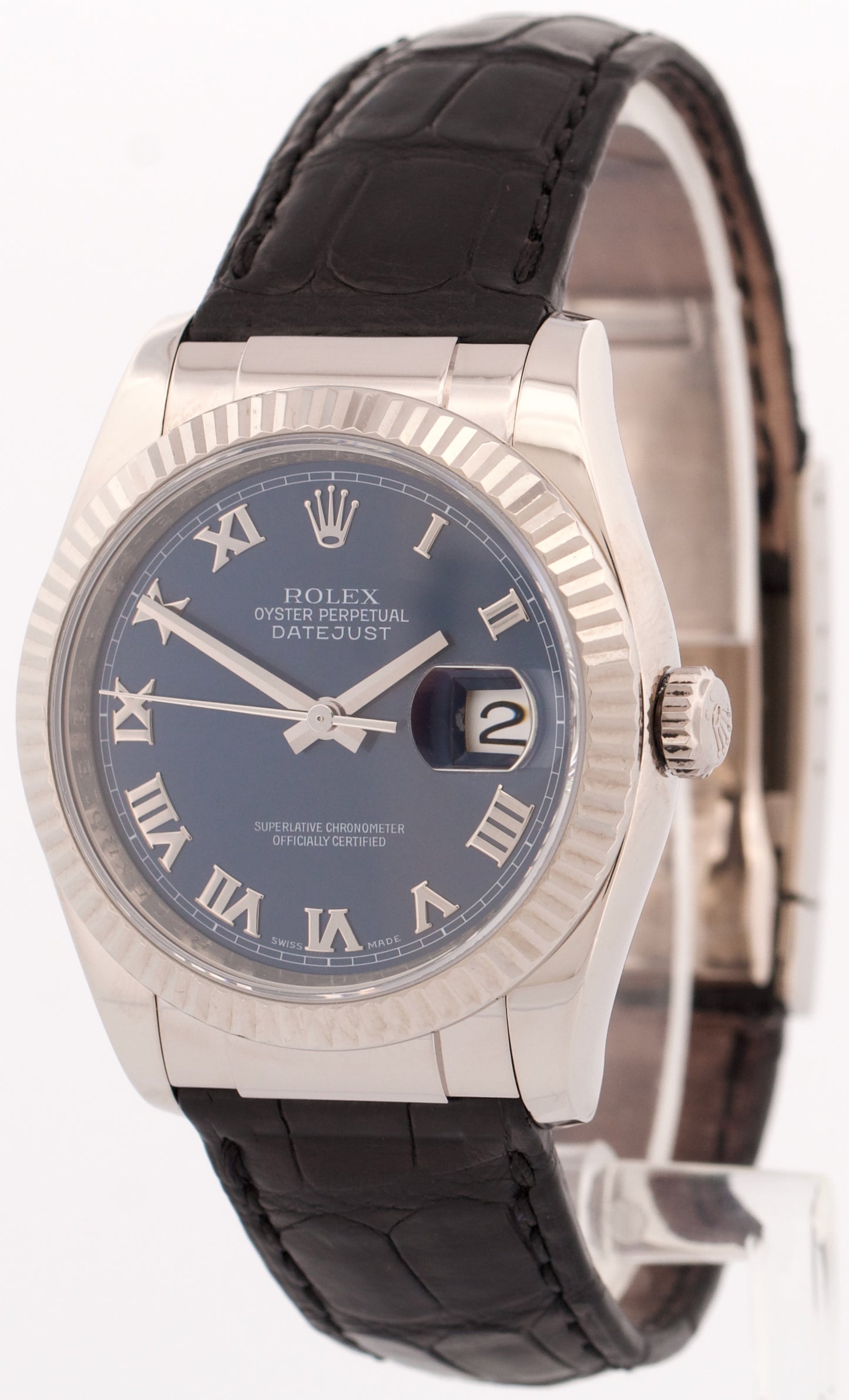 Rolex DateJust BLUE ROMAN 18K White Gold Fluted 36mm Black Leather 116139 Watch