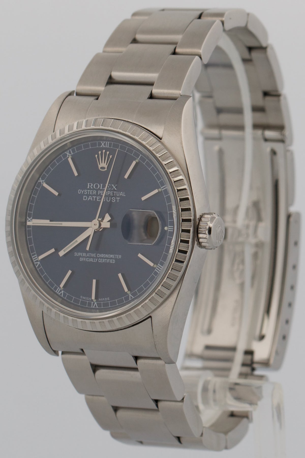 Rolex DateJust 16220 Blue Stainless Steel Engine-Turned Automatic 36mm Watch Box