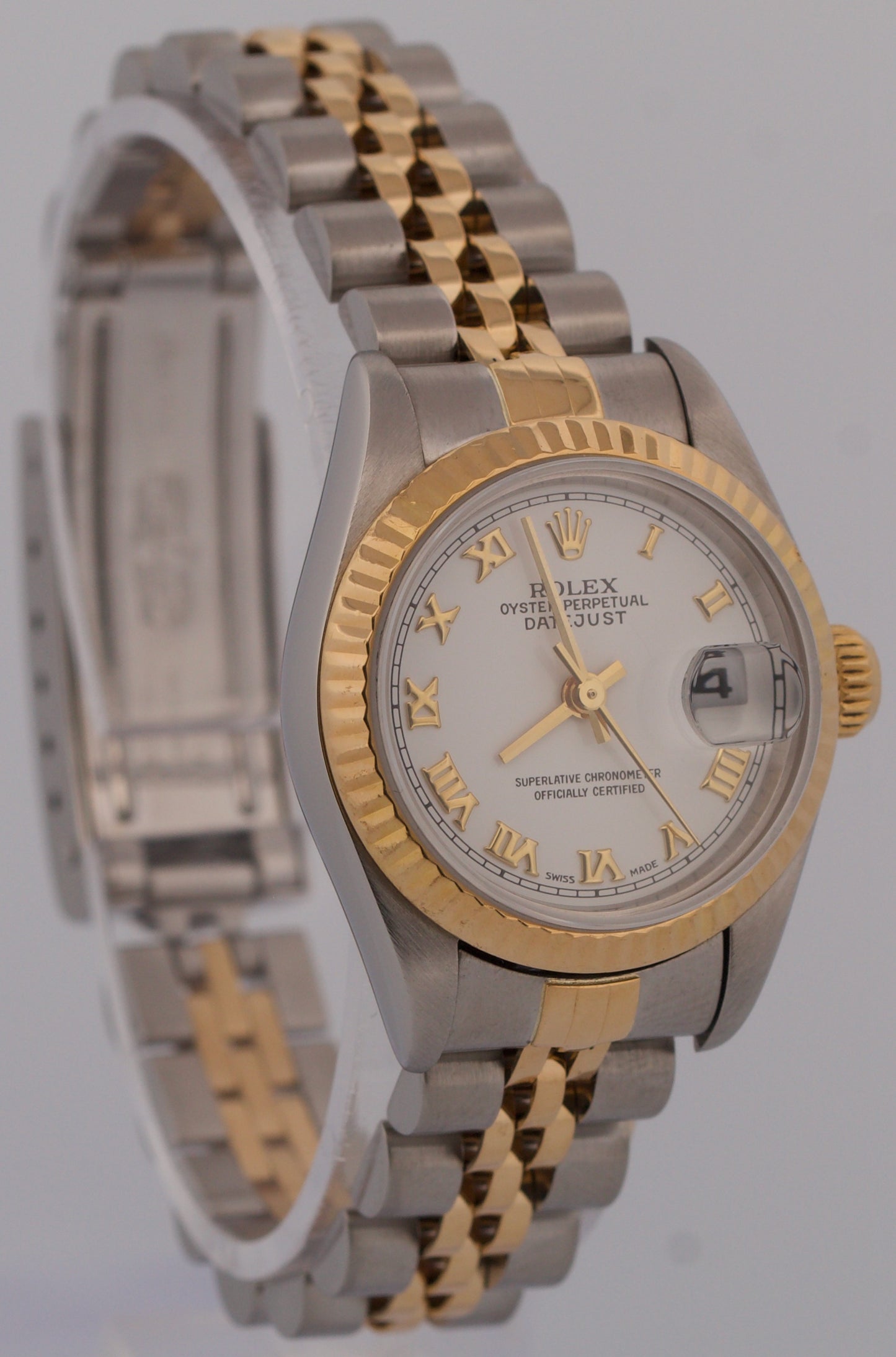 Ladies Rolex DateJust WHITE ROMAN 18K Yellow Gold Stainless 26mm JUBILEE 79173
