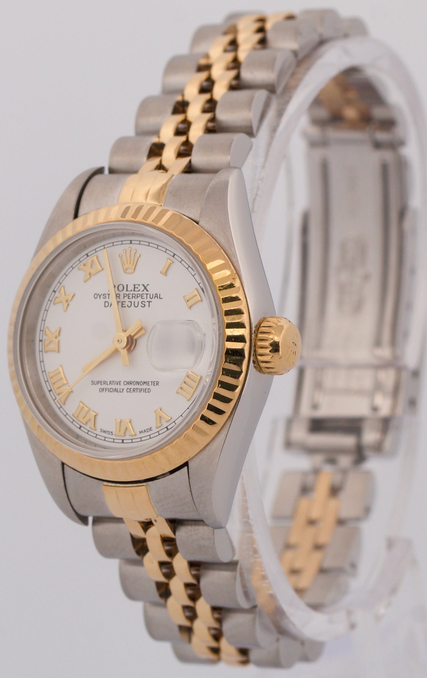 Ladies Rolex DateJust WHITE ROMAN 18K Yellow Gold Stainless 26mm JUBILEE 79173