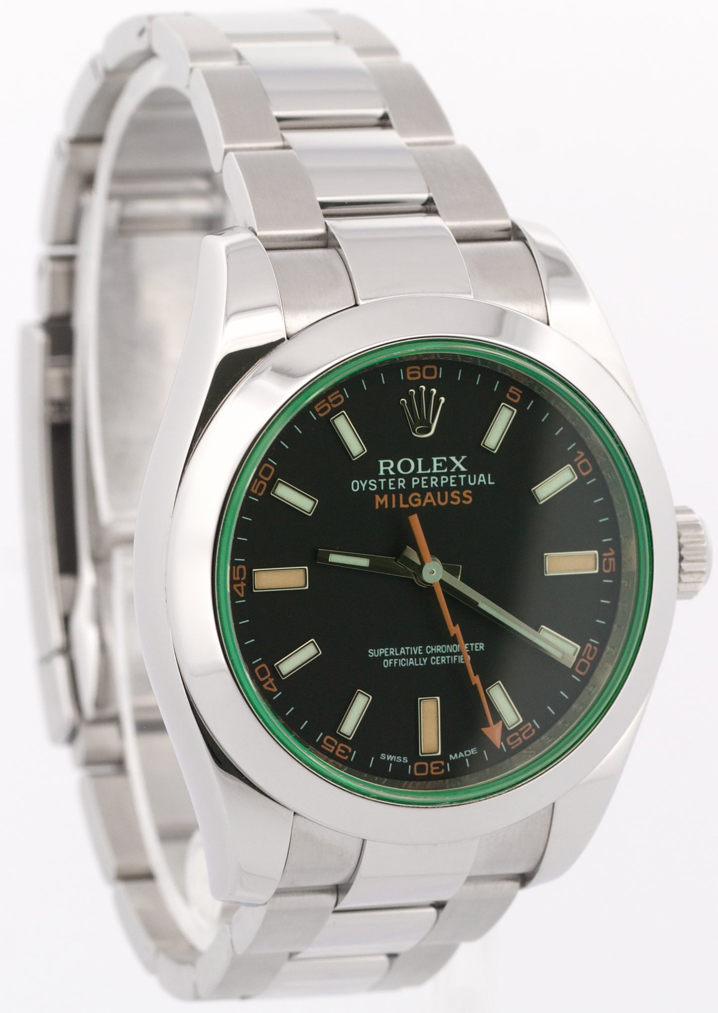 Rolex Milgauss BLACK Orange Stainless Steel 40mm Smooth Green 116400 GV Watch