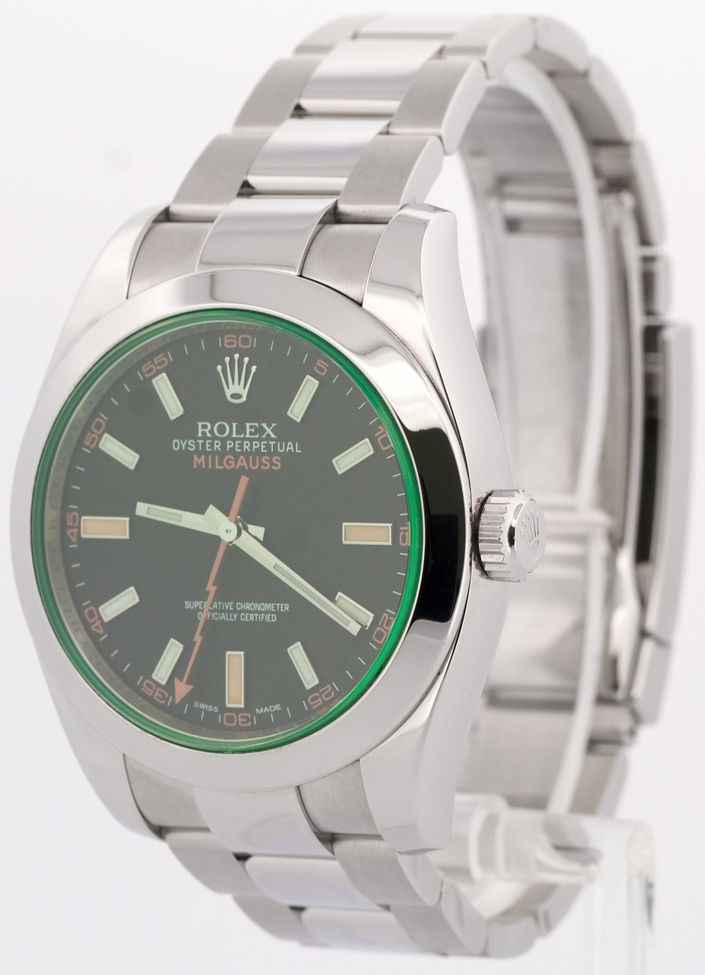 Rolex Milgauss BLACK Orange Stainless Steel 40mm Smooth Green 116400 GV Watch