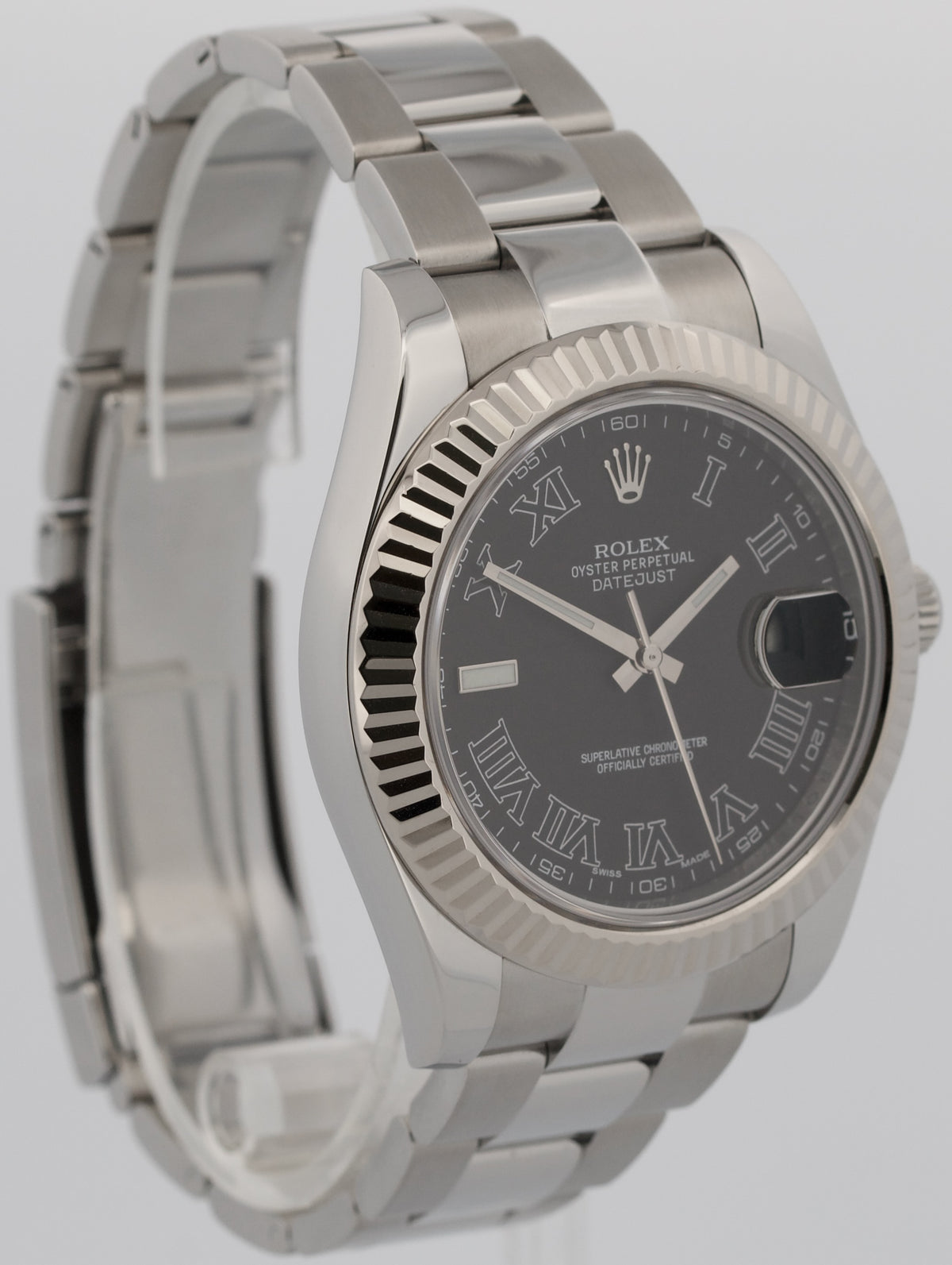 2015 Rolex DateJust II 116334 Matte Black Roman Steel 18K Fluted 41mm Box Papers