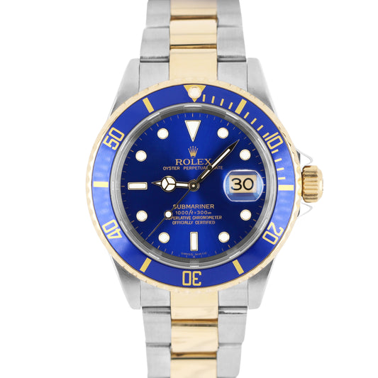 PAPERS Rolex Submariner NO-HOLES Two-Tone GOLD BUCKLE Blue 40mm 16613 Watch BOX