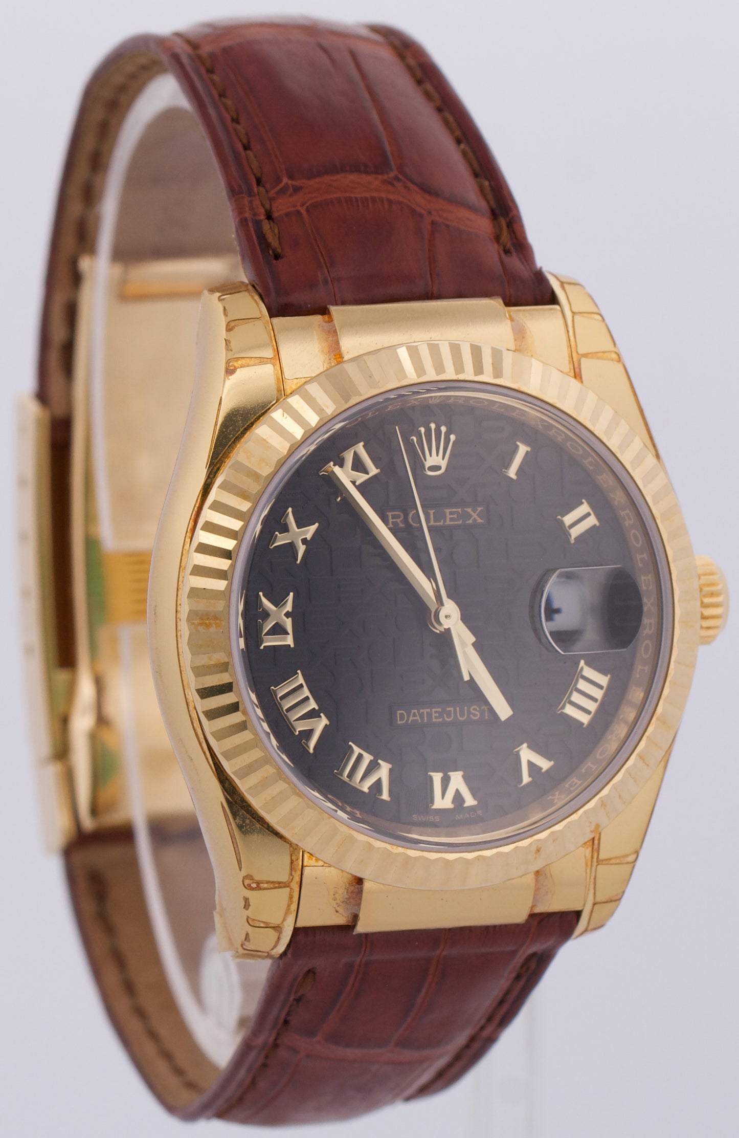 PAPERS Rolex DateJust 36mm BLACK JUBILEE ROMAN 18K Gold Leather Watch 116138 BOX