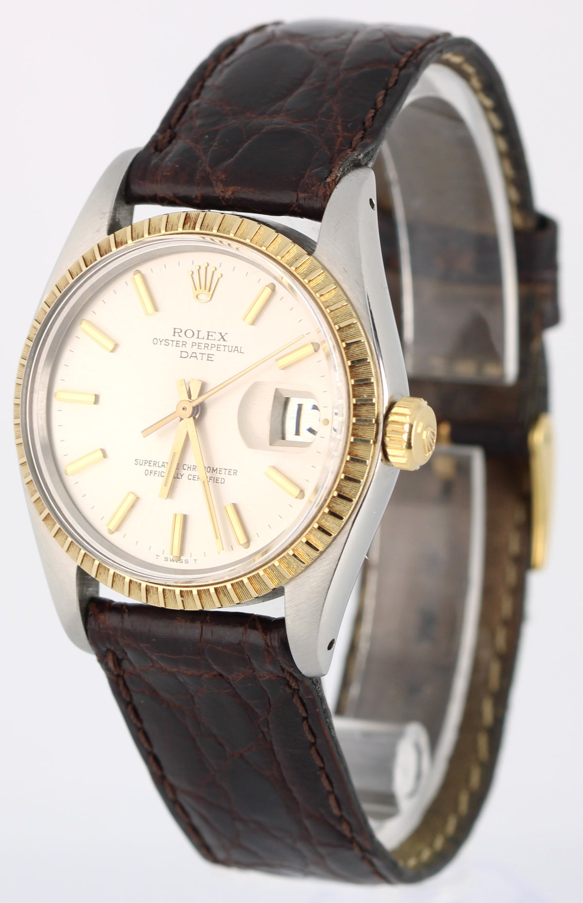 Vintage Rolex Date 1505 Two-Tone 18k Gold Engine Turned Silver 34mm Watch