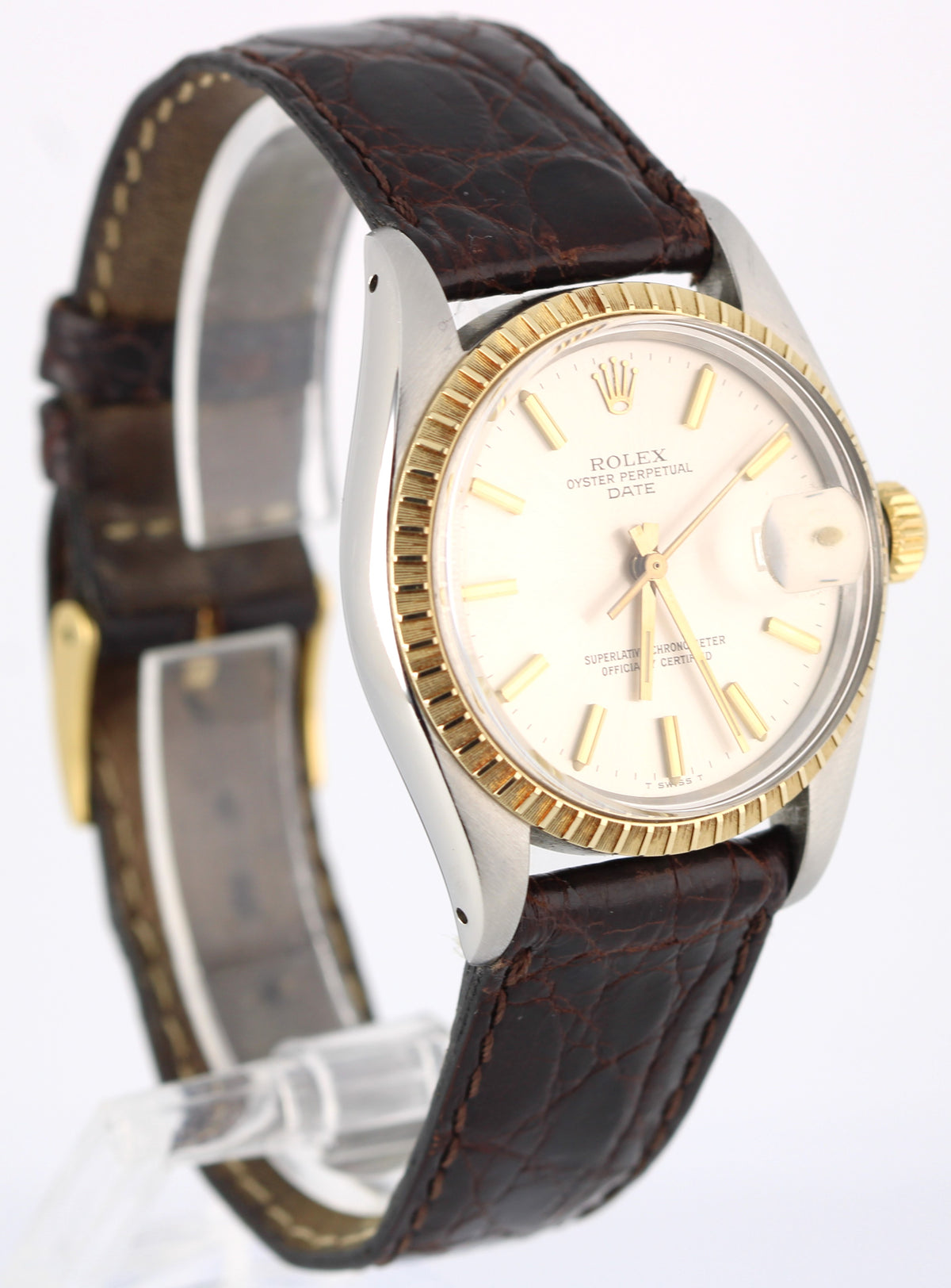 Vintage Rolex Date 1505 Two-Tone 18k Gold Engine Turned Silver 34mm Watch