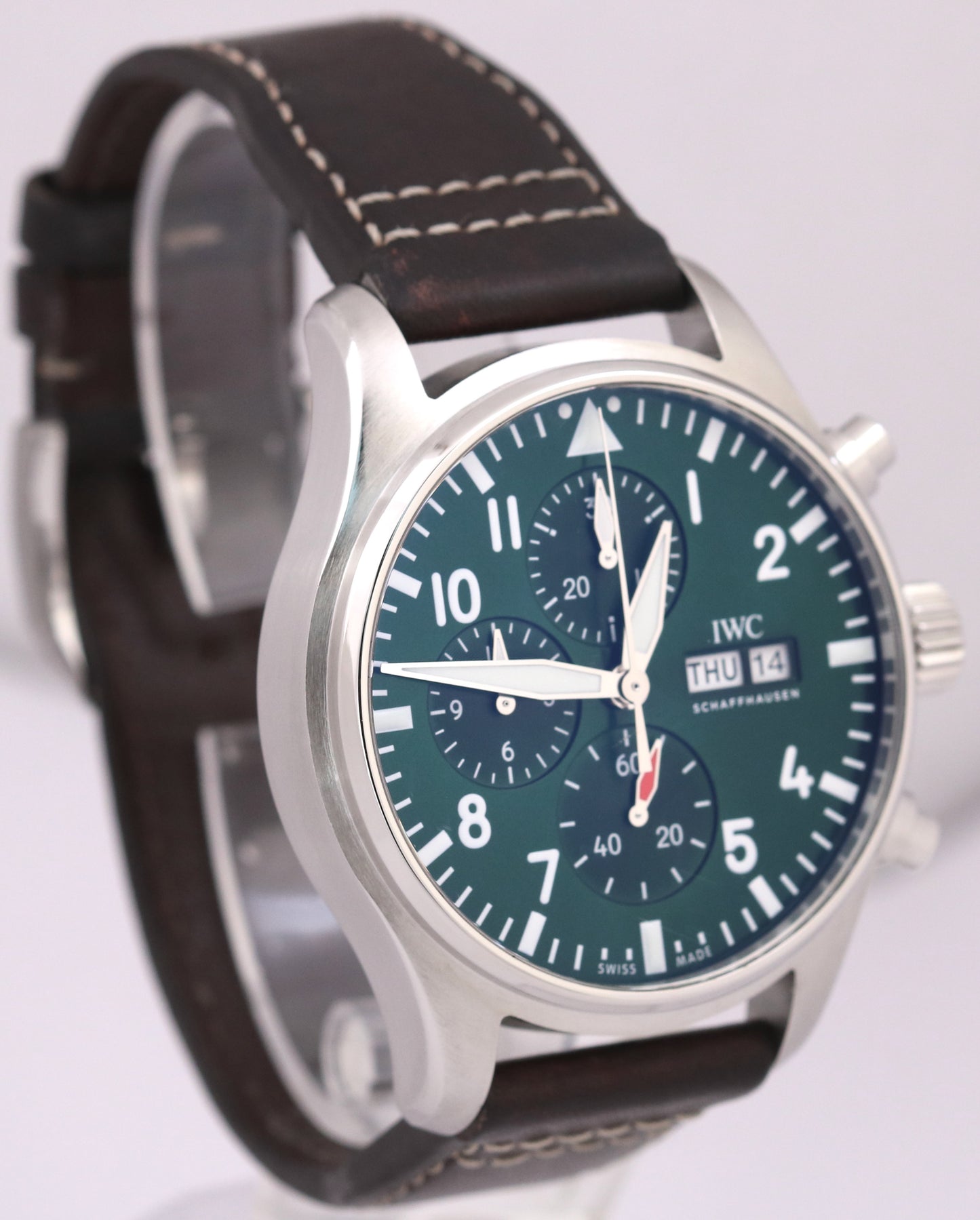 MINT PAPERS IWC Pilot GREEN 43mm Stainless Leather Chronograph IW378005 BOX