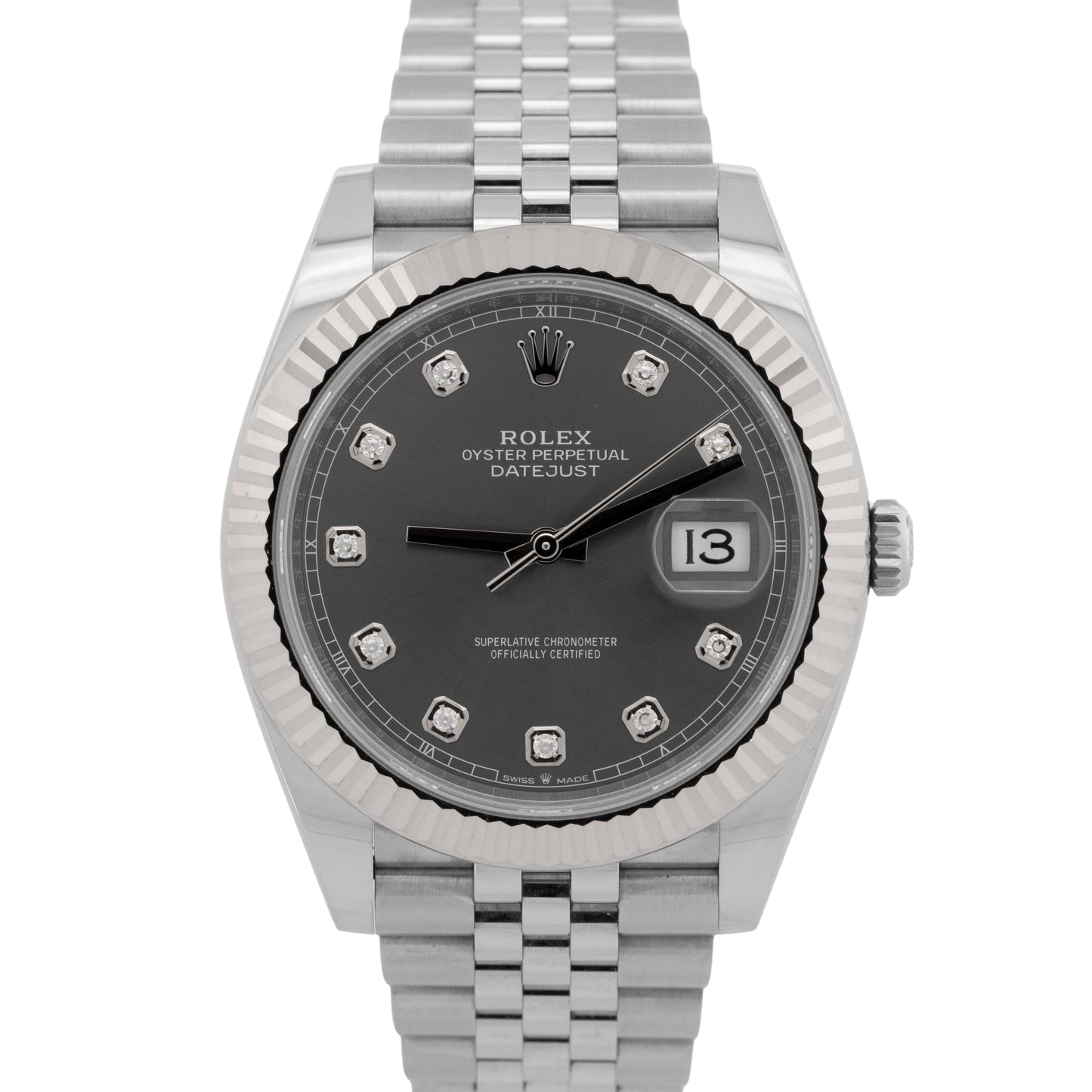 2021 PAPERS Rolex DateJust 41 RHODIUM DIAMOND 18k Steel JUBILEE 41mm 126334 BOX