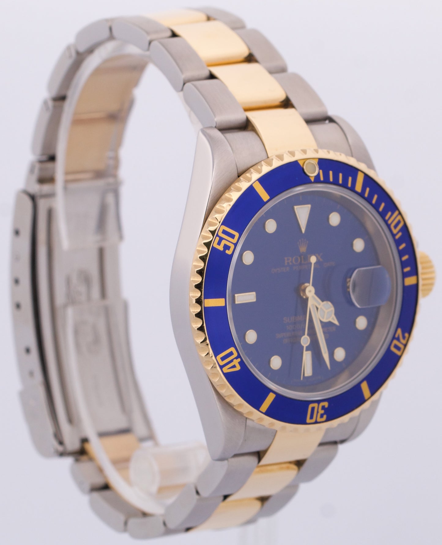 Rolex Submariner Date 40mm BLUE Two-Tone 18K Gold NO-HOLES Steel 16613 Watch