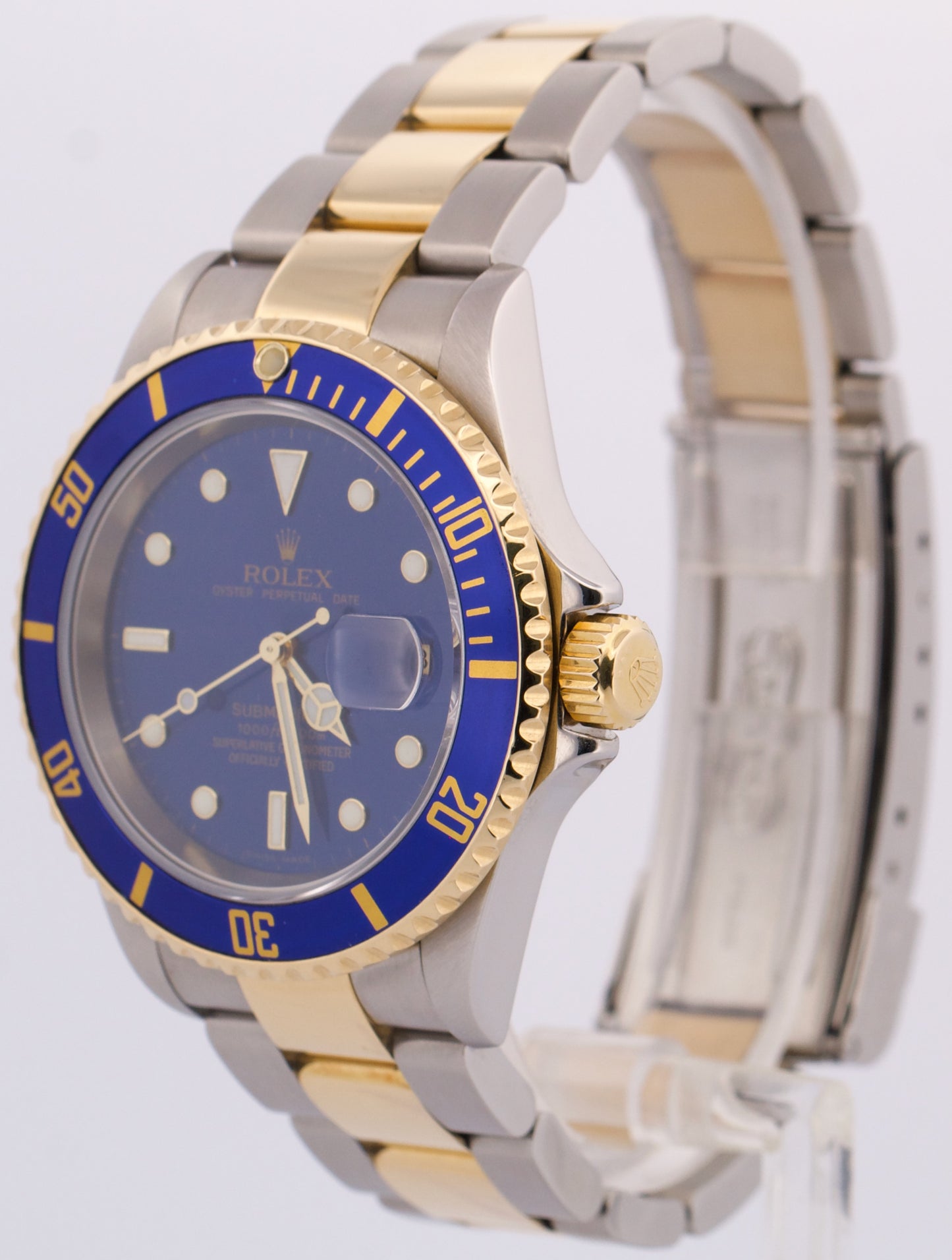 Rolex Submariner Date 40mm BLUE Two-Tone 18K Gold NO-HOLES Steel 16613 Watch