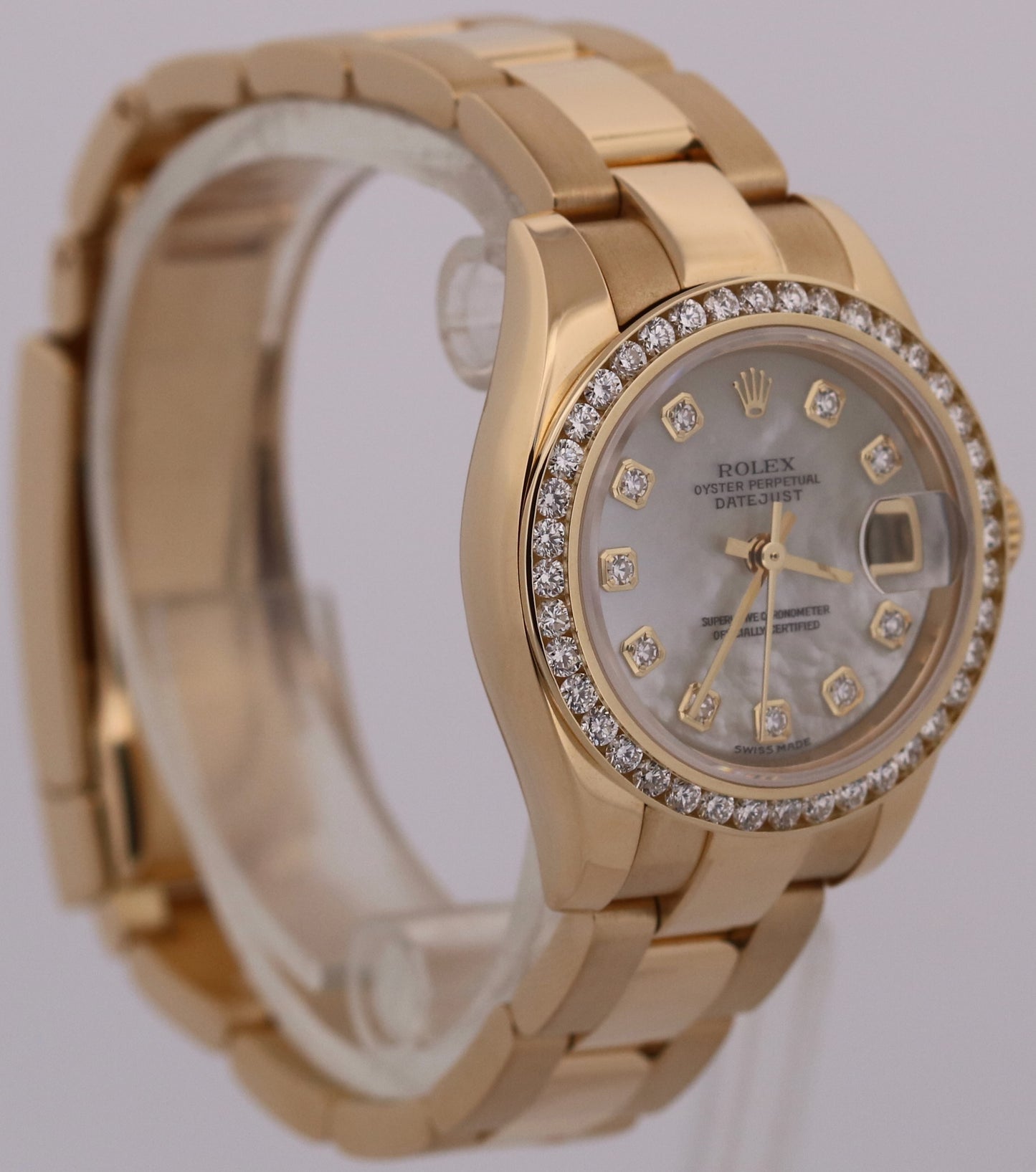 Ladies Rolex DateJust 179168 Mother of Pearl Diamond 18 Gold 26mm Box Papers