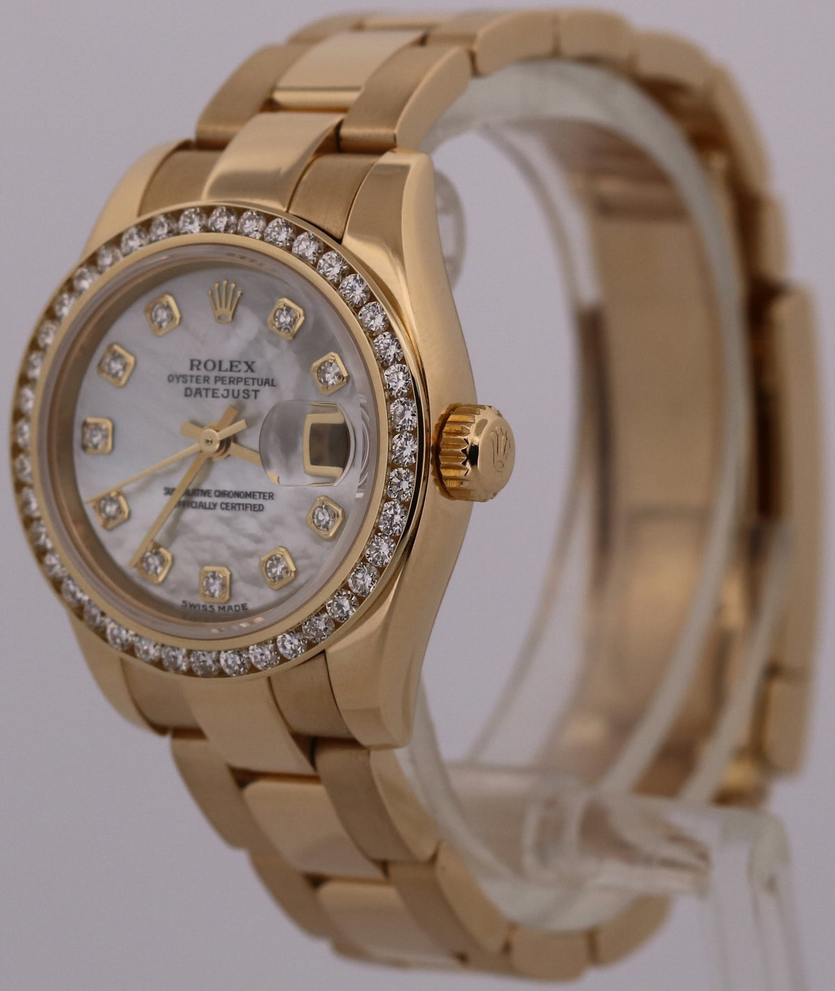 Ladies Rolex DateJust 179168 Mother of Pearl Diamond 18 Gold 26mm Box Papers
