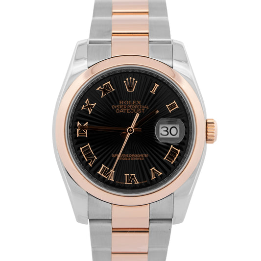 Rolex DateJust 36mm SUNBEAM Black Dial 18K Everose Gold Steel 116201 Watch