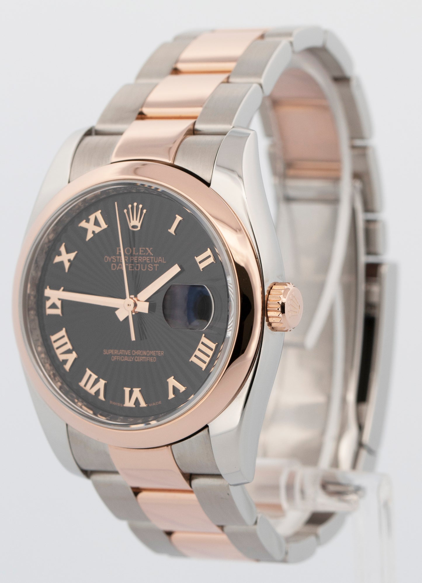 Rolex DateJust 36mm SUNBEAM Black Dial 18K Everose Gold Steel 116201 Watch