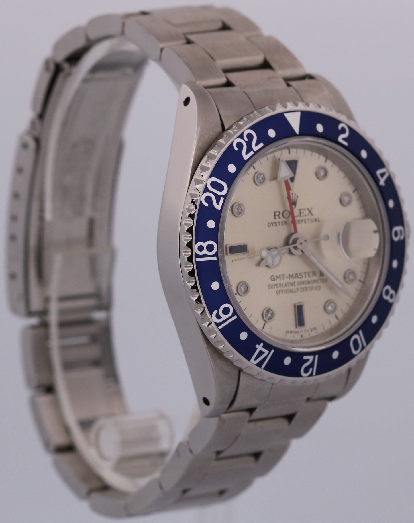 1987 Rolex GMT-Master II 16760 40mm Silver Diamond Blue Stainless Steel Watch