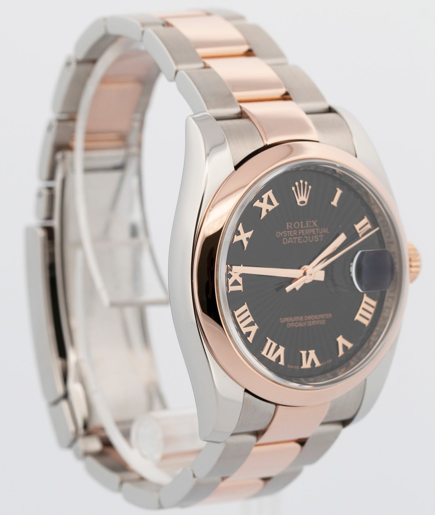 Rolex DateJust 36mm SUNBEAM Black Dial 18K Everose Gold Steel 116201 Watch