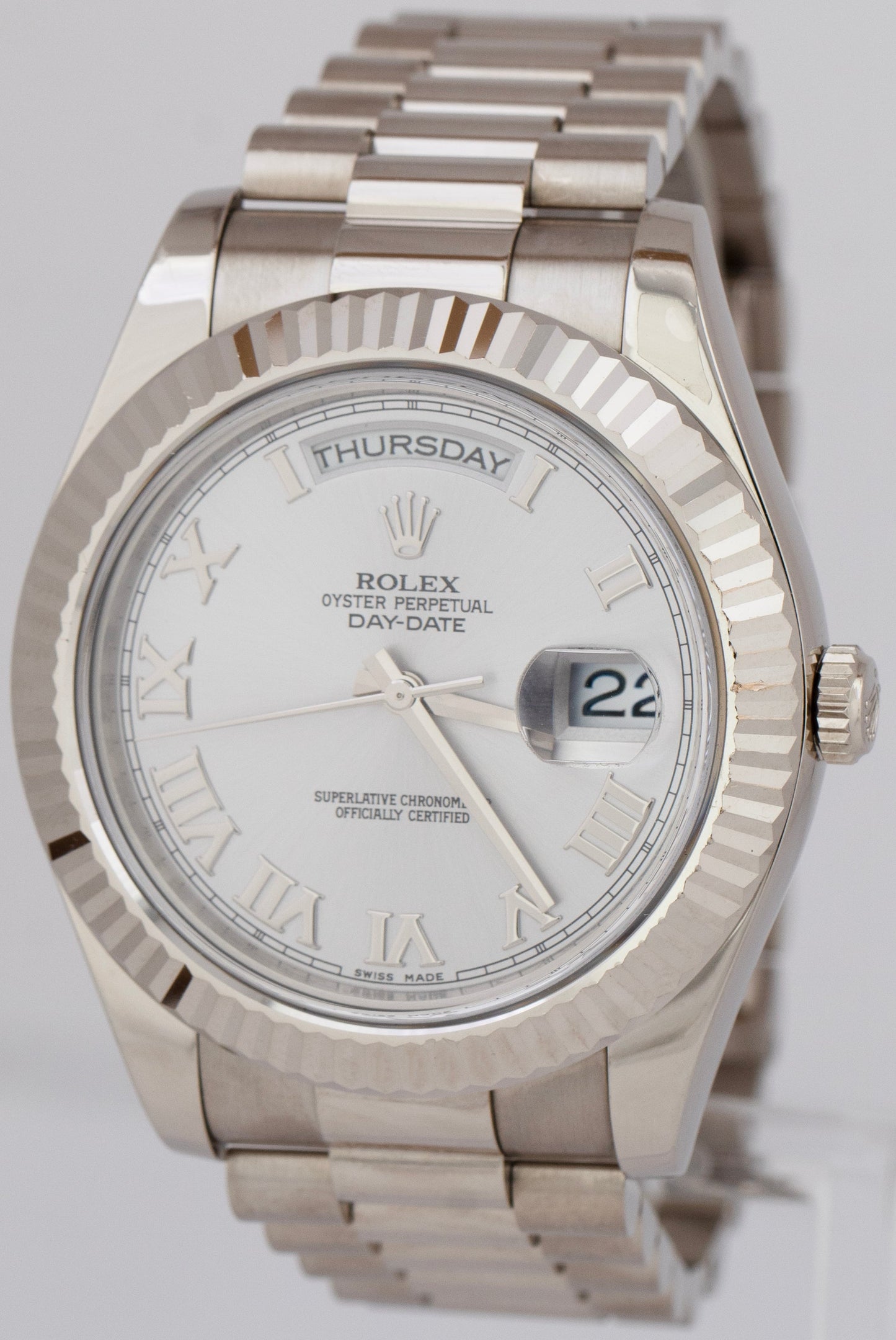 Rolex Day-Date II Presidential 41mm Silver Roman 18K White Gold 218239 B+P
