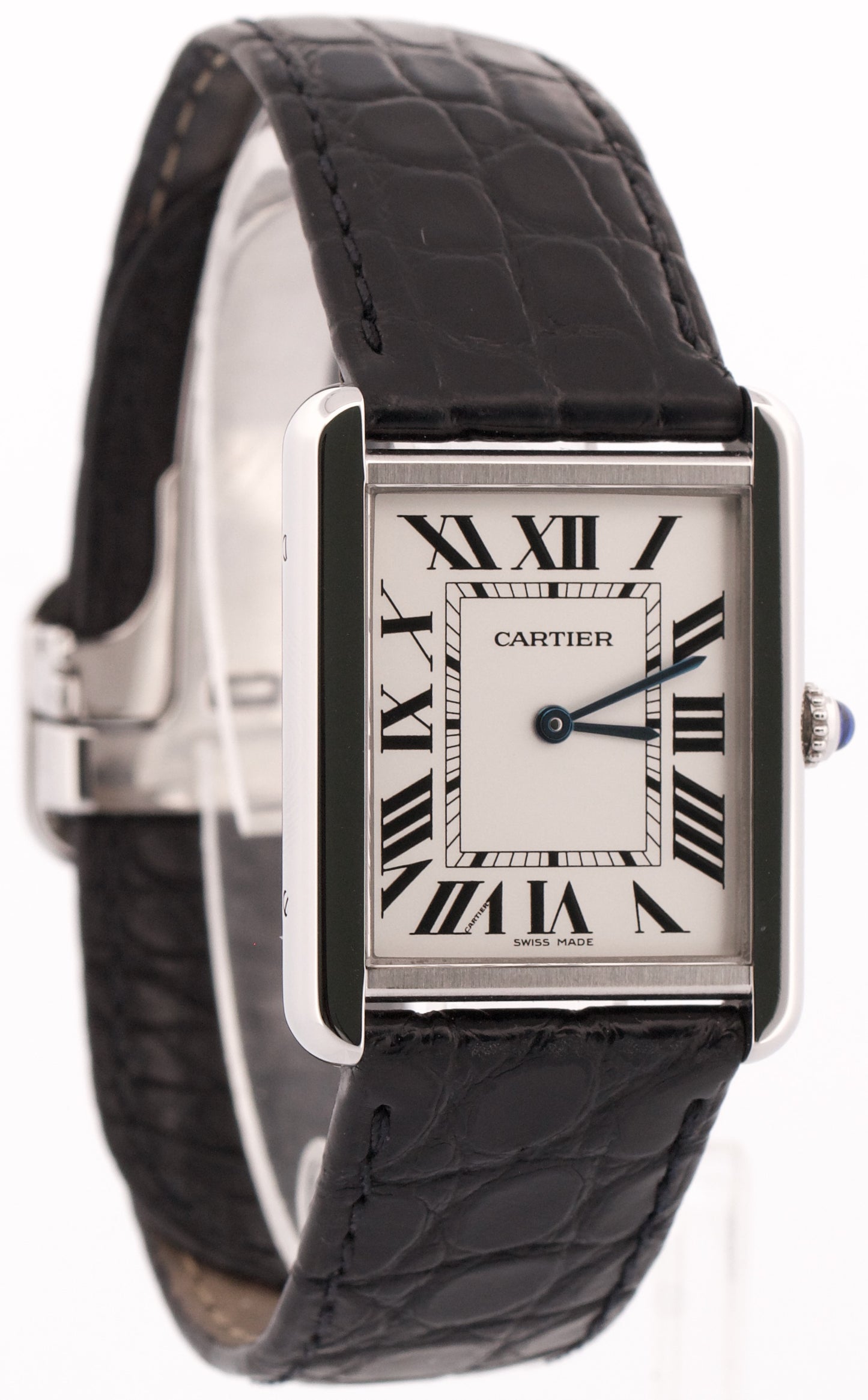 Cartier Tank Solo Stainless Steel WHITE Roman Quartz 2715 W1018355 Leather Watch
