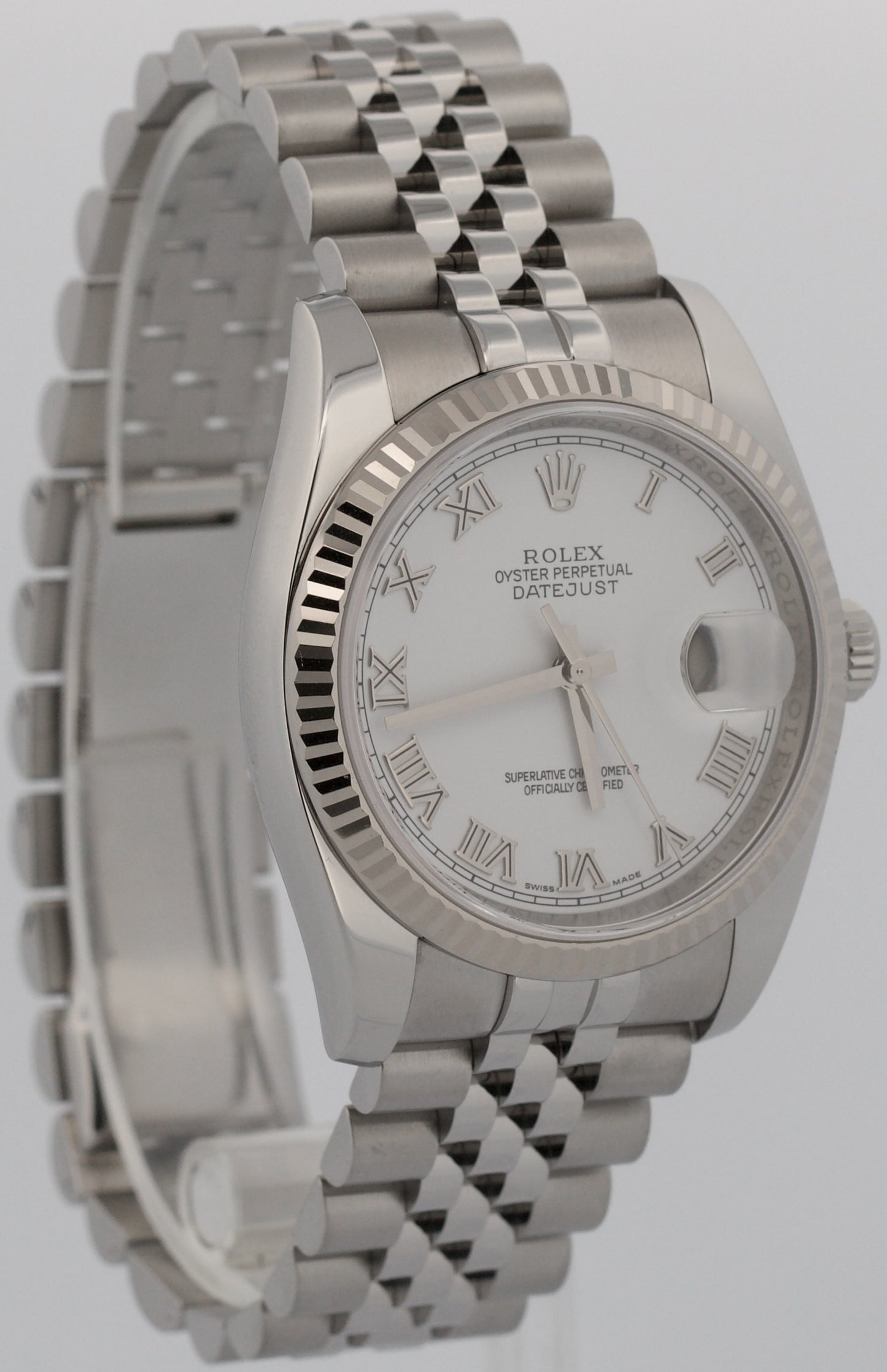 Rolex DateJust 116234 White Roman 18K Gold Steel Fluted Super Jubilee 36mm Watch