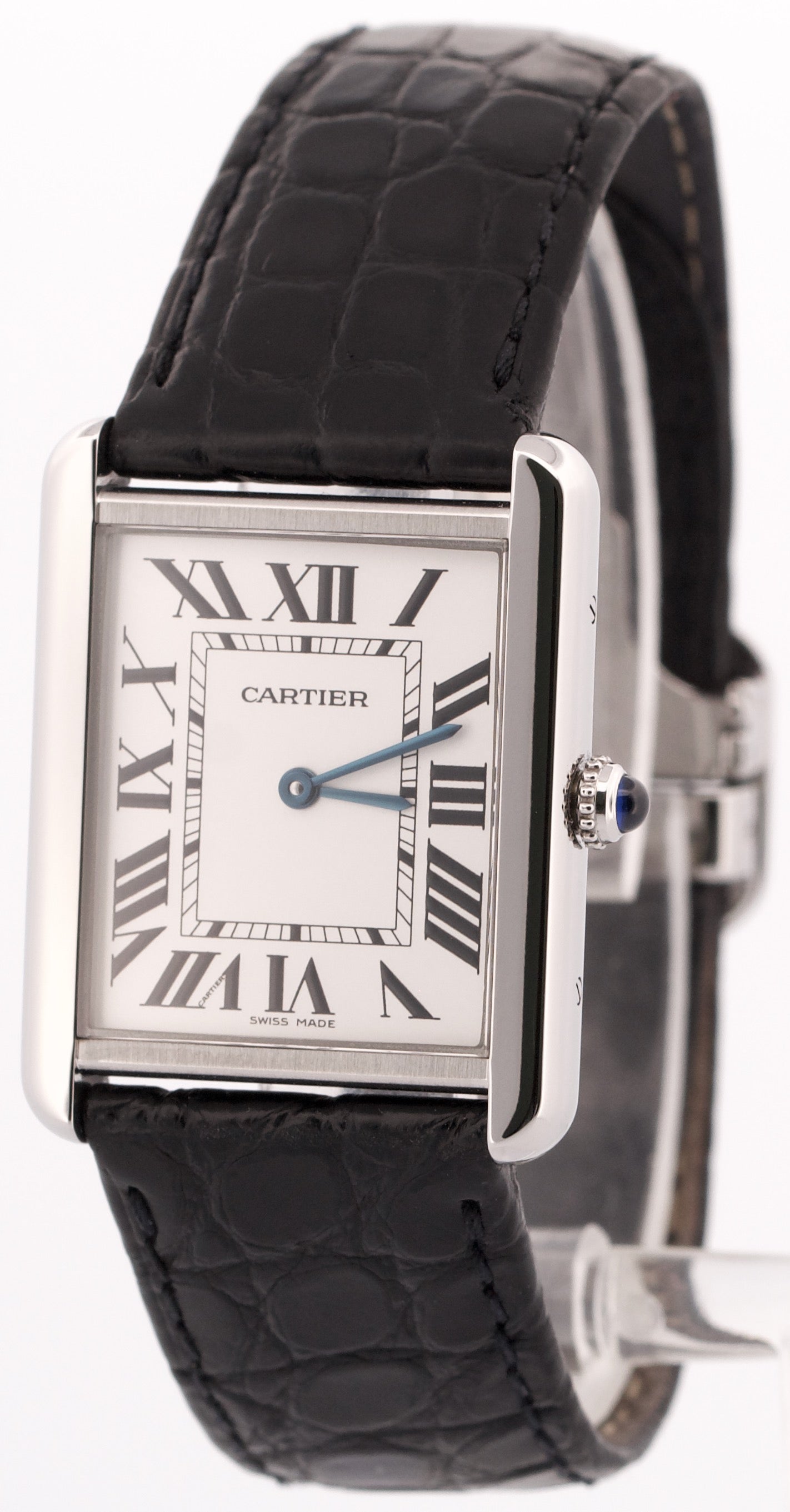 Cartier Tank Solo Stainless Steel WHITE Roman Quartz 2715 W1018355 Leather Watch
