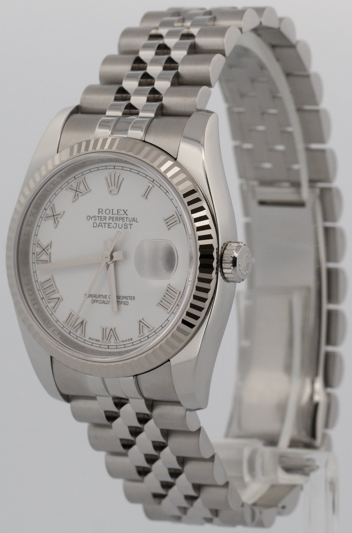 Rolex DateJust 116234 White Roman 18K Gold Steel Fluted Super Jubilee 36mm Watch