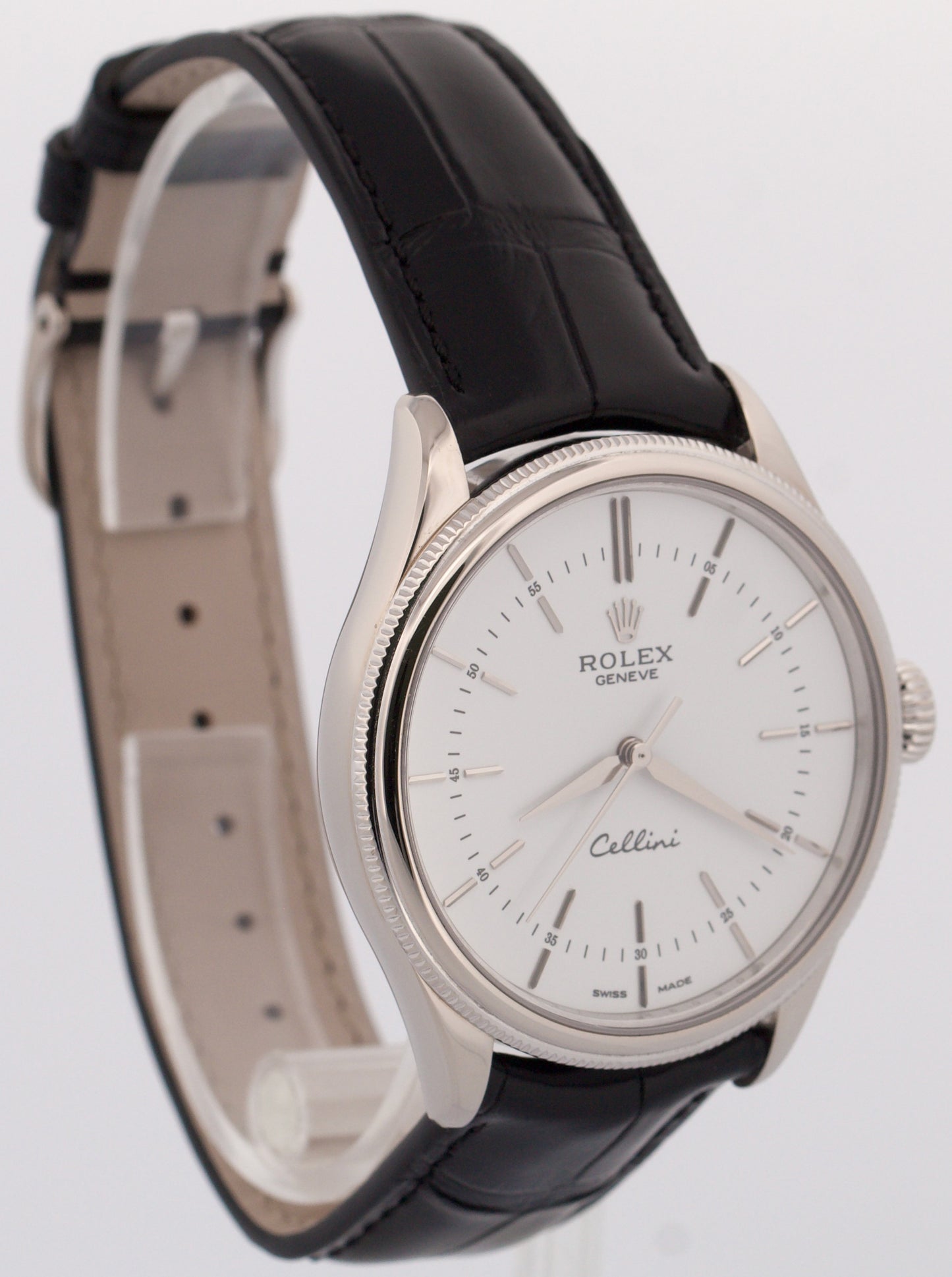 Rolex Cellini WHITE 18K White Gold 39mm Automatic Black Leather Watch 50509
