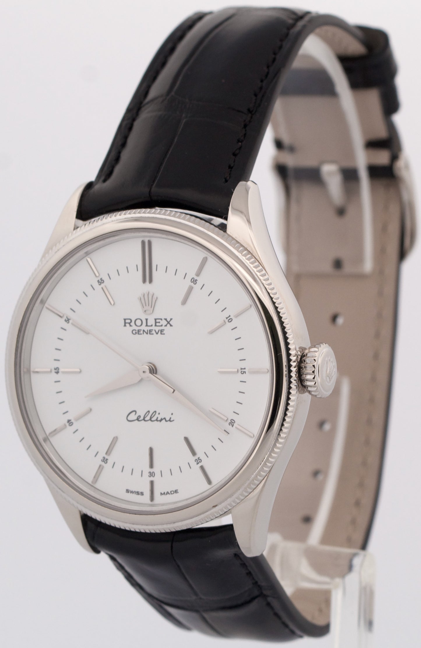 Rolex Cellini WHITE 18K White Gold 39mm Automatic Black Leather Watch 50509