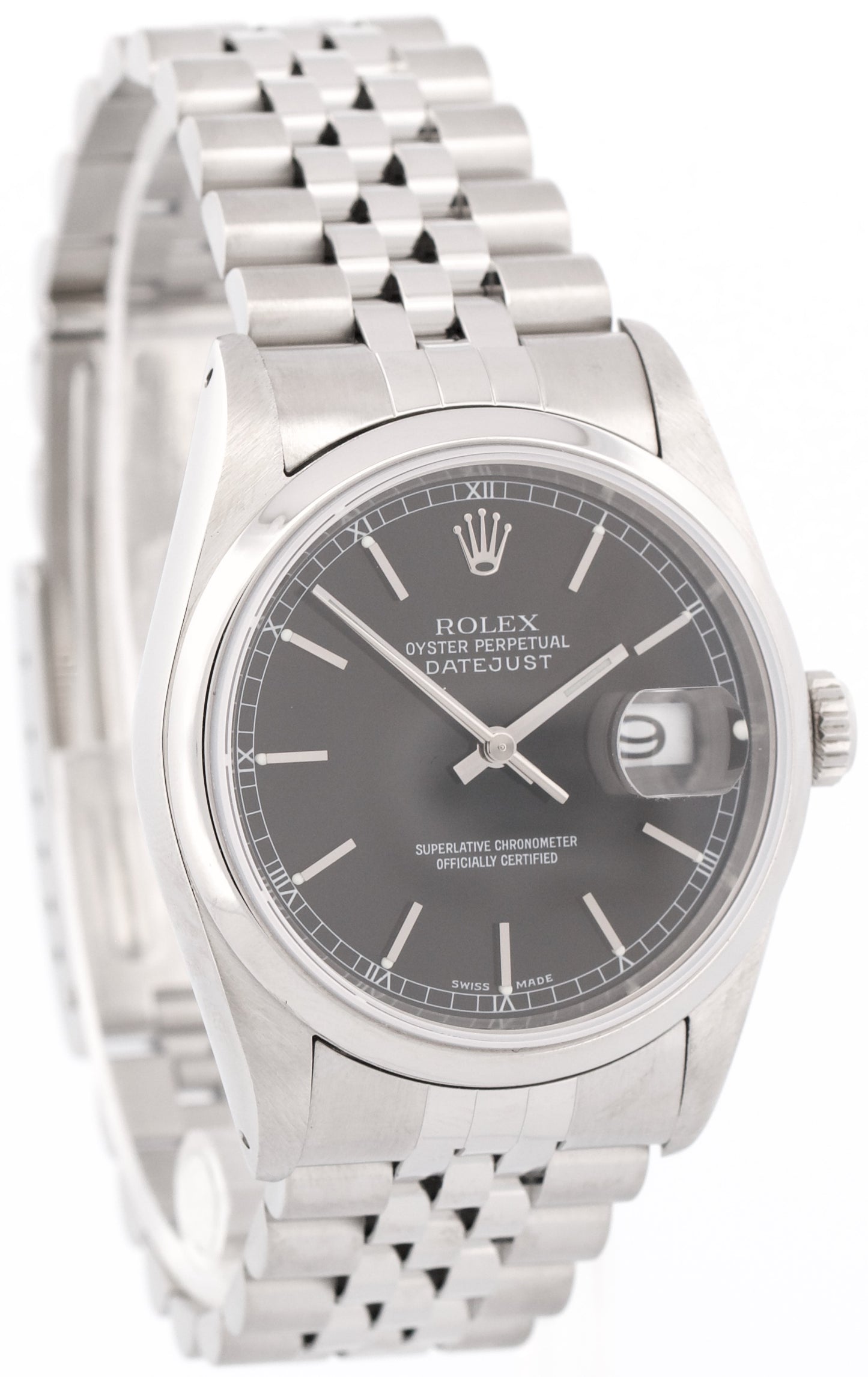 Rolex DateJust 36mm BLACK Stainless Steel JUBILEE Smooth Automatic Watch 16200