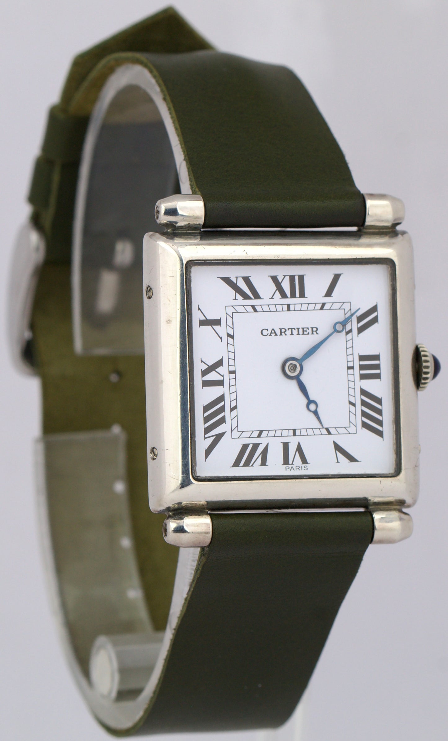 VINTAGE Cartier Tank Obus Sterling Silver Green Leather 25mm Manual Watch