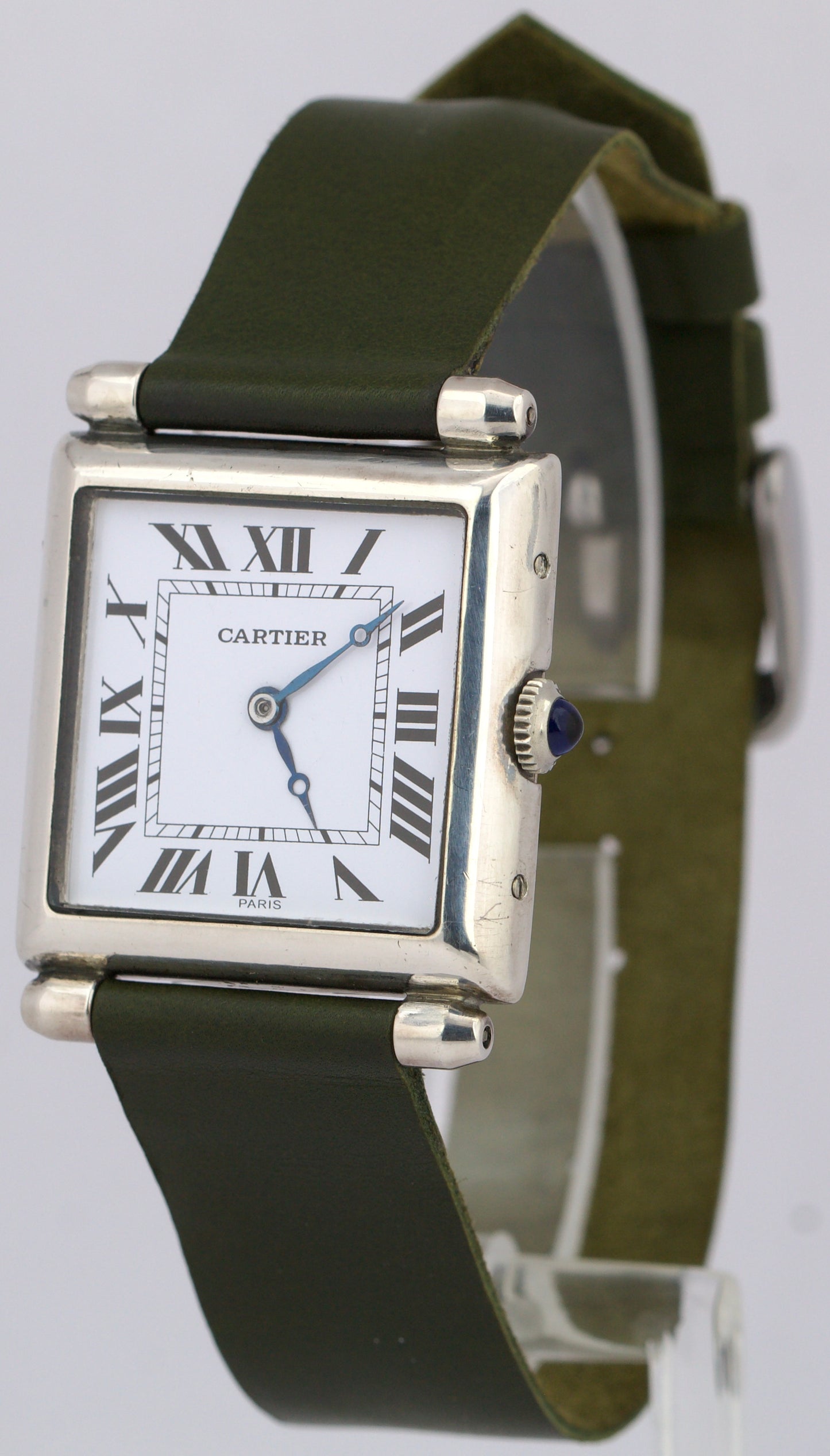 VINTAGE Cartier Tank Obus Sterling Silver Green Leather 25mm Manual Watch