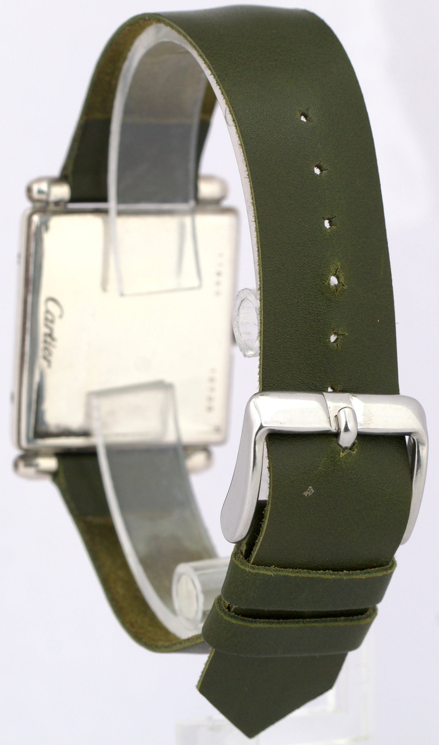 VINTAGE Cartier Tank Obus Sterling Silver Green Leather 25mm Manual Watch