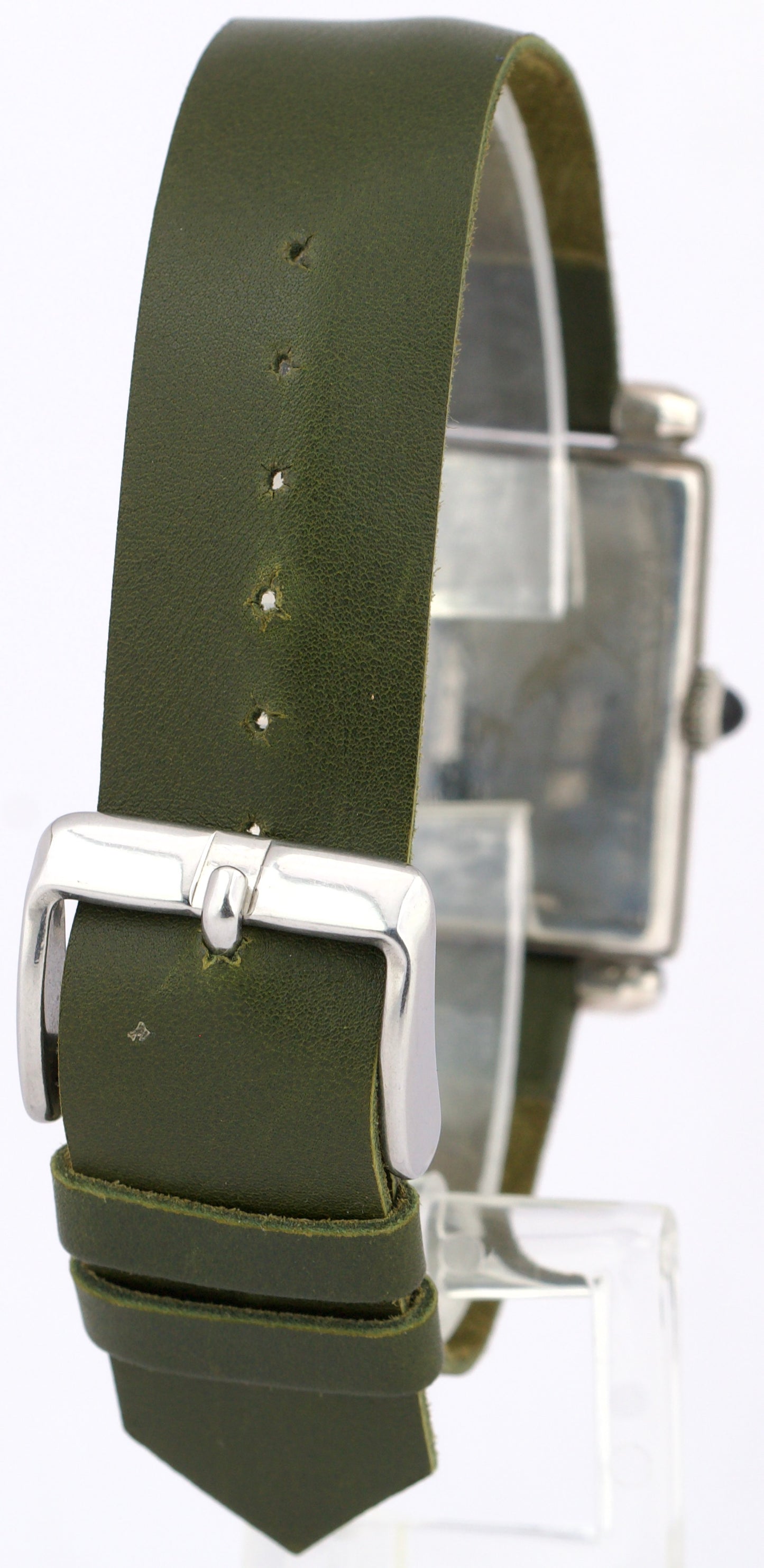 VINTAGE Cartier Tank Obus Sterling Silver Green Leather 25mm Manual Watch