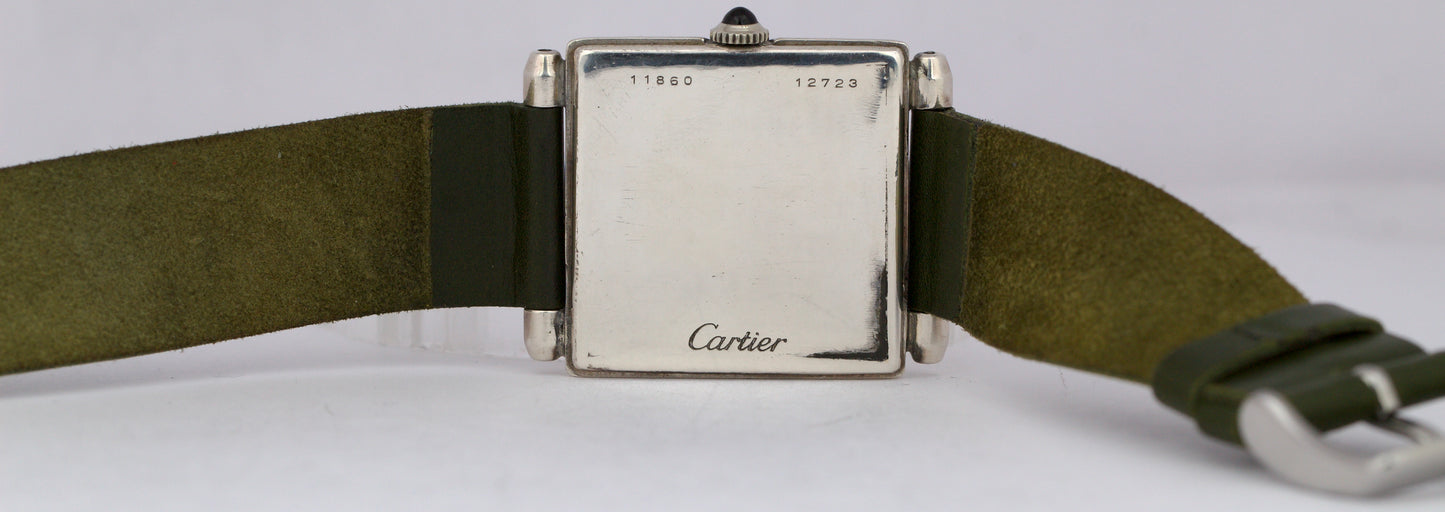 VINTAGE Cartier Tank Obus Sterling Silver Green Leather 25mm Manual Watch