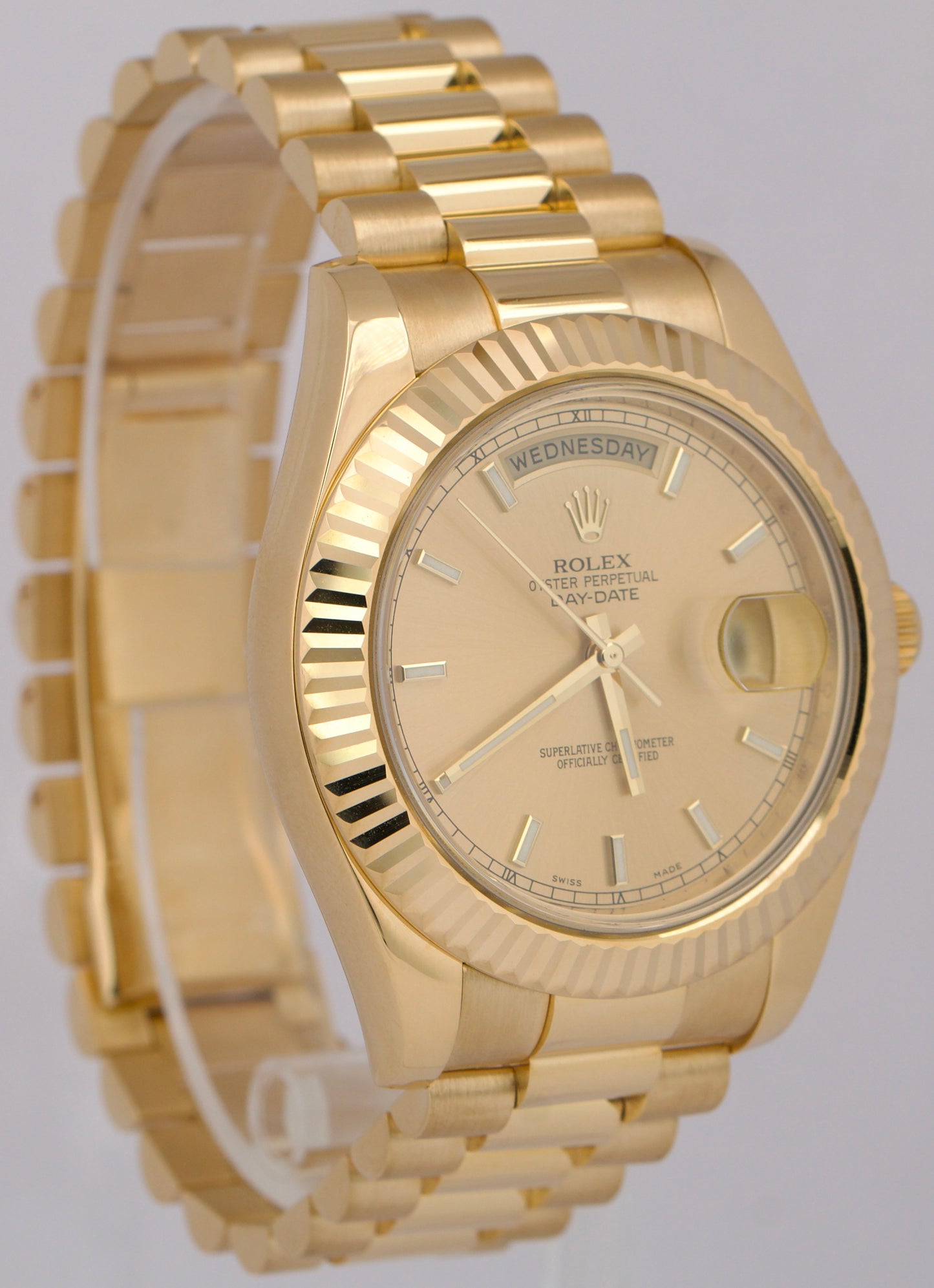 MINT PAPERS Rolex Day-Date II 41mm CHAMPAGNE 18K Yellow Gold Fluted 218238 BOX