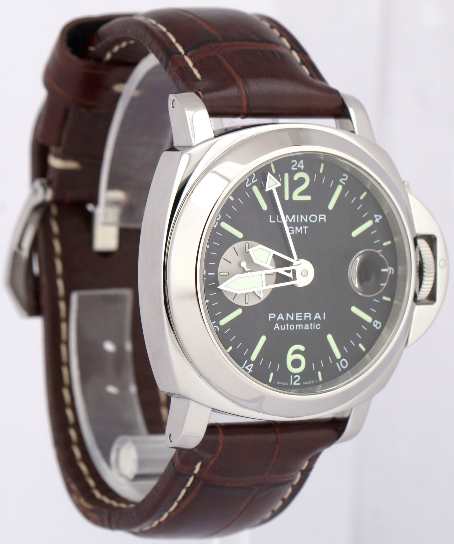 MINT Panerai Luminor GMT PAM88 Automatic Black Leather Steel 44mm Watch PAM00088