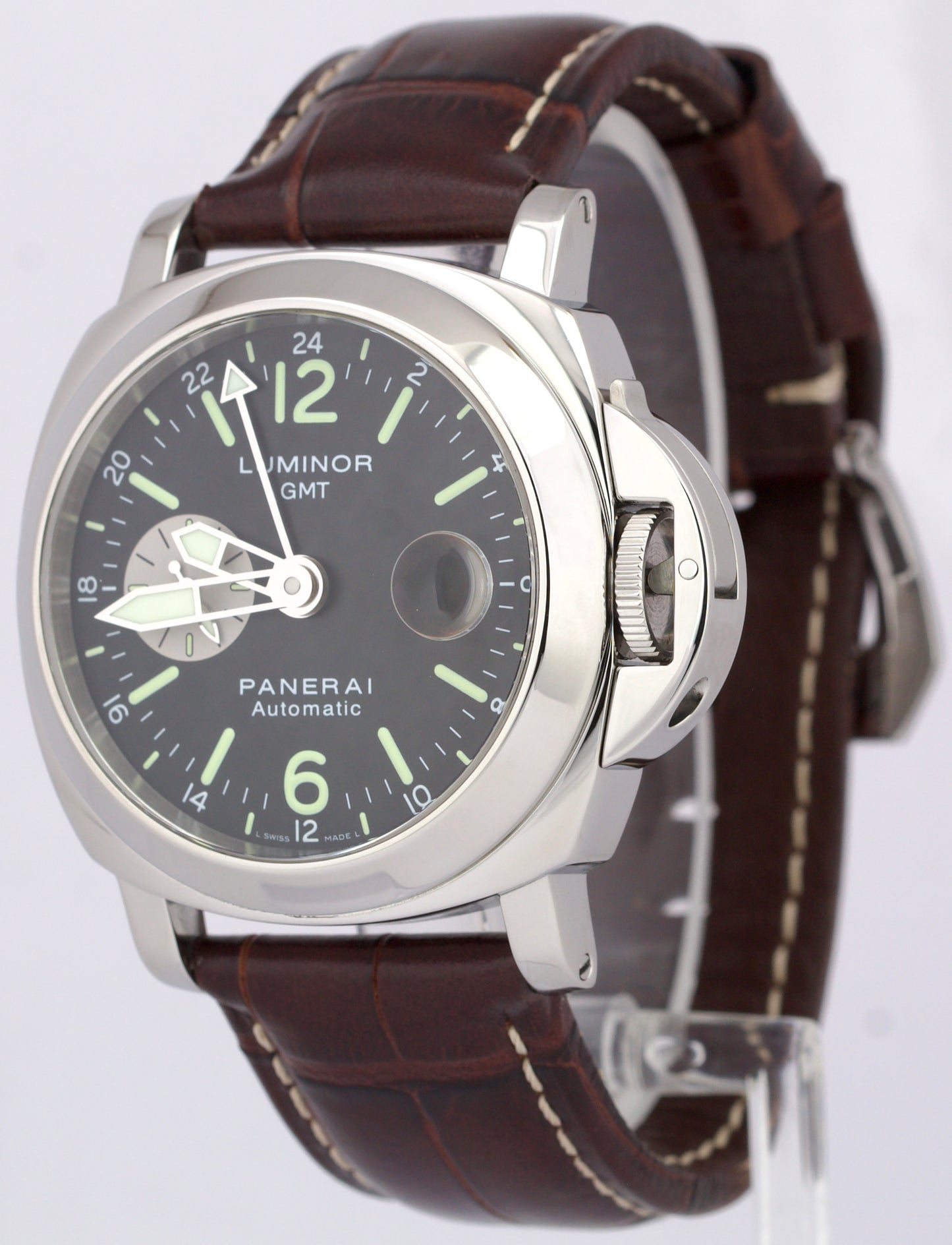 MINT Panerai Luminor GMT PAM88 Automatic Black Leather Steel 44mm Watch PAM00088