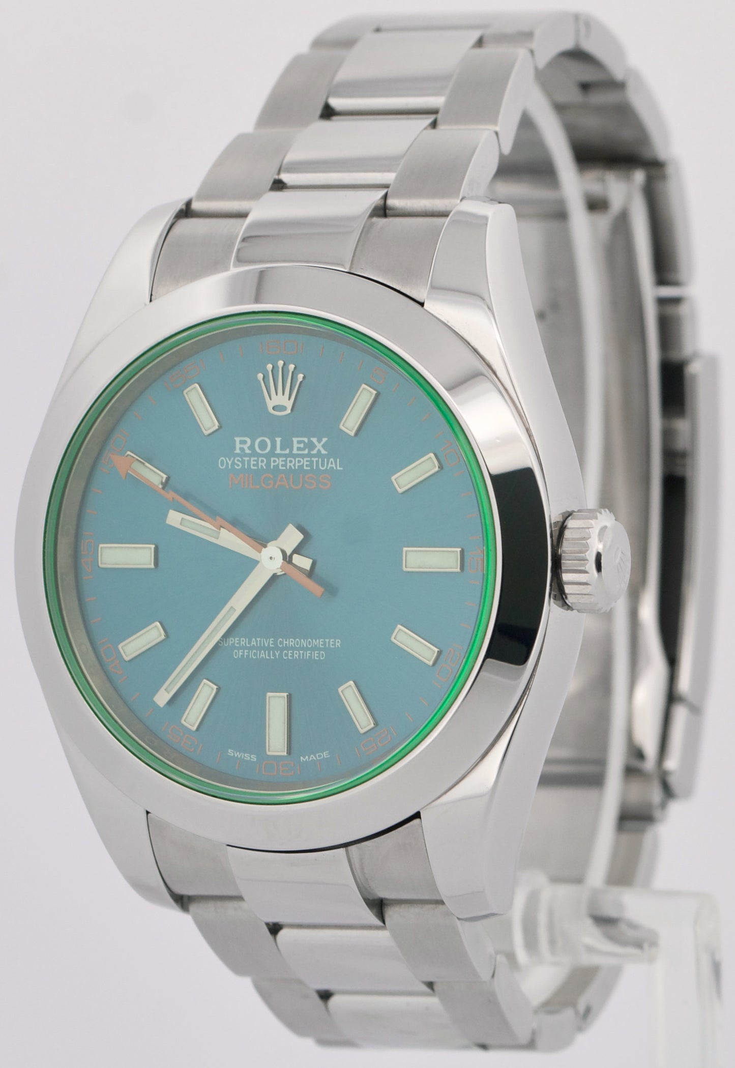 PAPERS Rolex Milgauss Z-Blue Green Crystal BLUE 40mm 116400 GV Steel Watch BOX