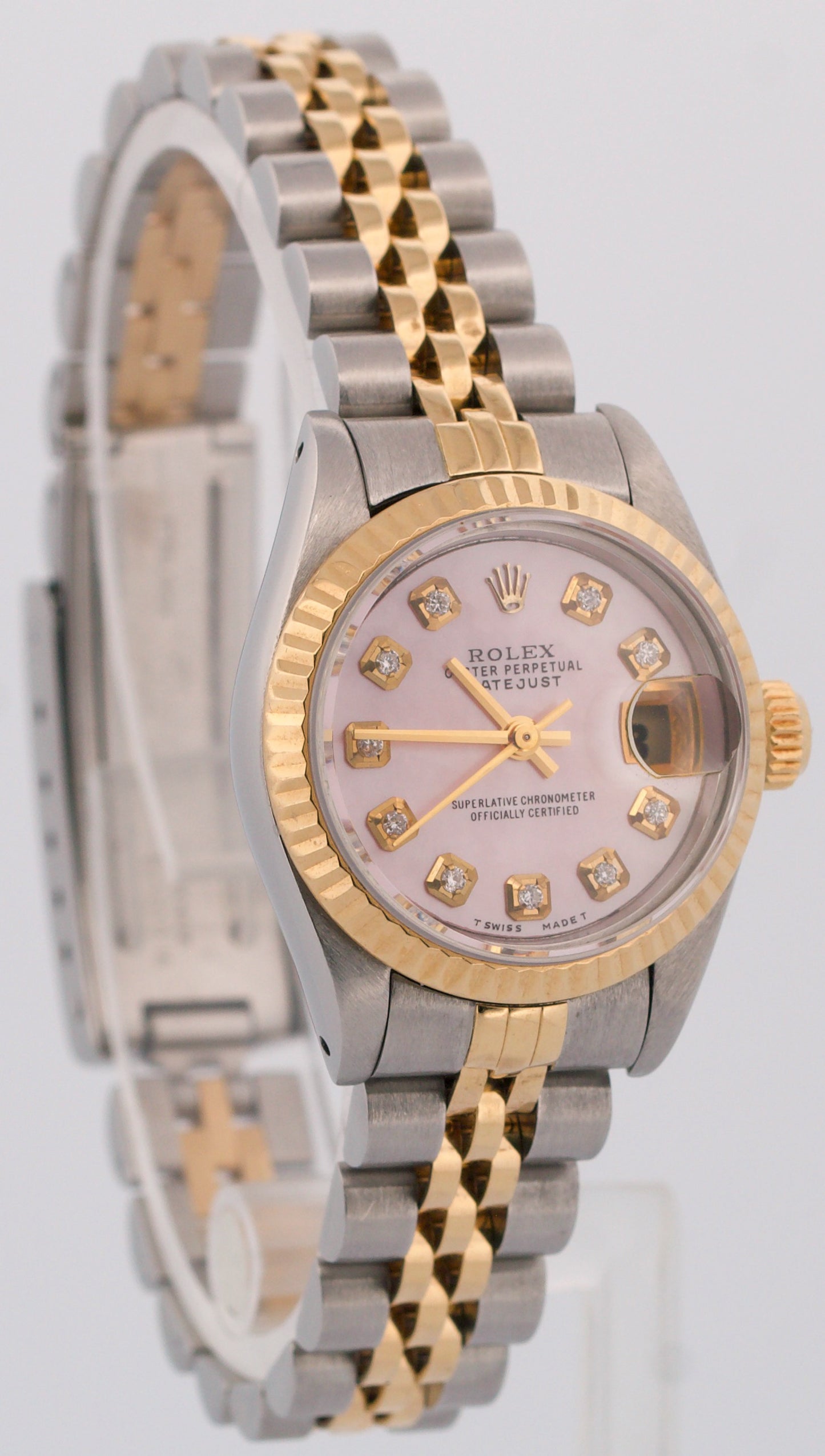 Ladies Rolex DateJust 26mm PINK MOP DIAMOND 18K Gold Steel JUBILEE Fluted 69173