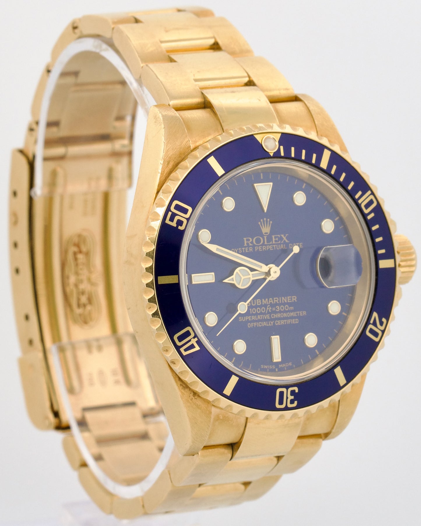 UNPOLISHED Rolex Submariner Date BLUE 18K Yellow Gold NO-HOLES 40mm 16618 Watch