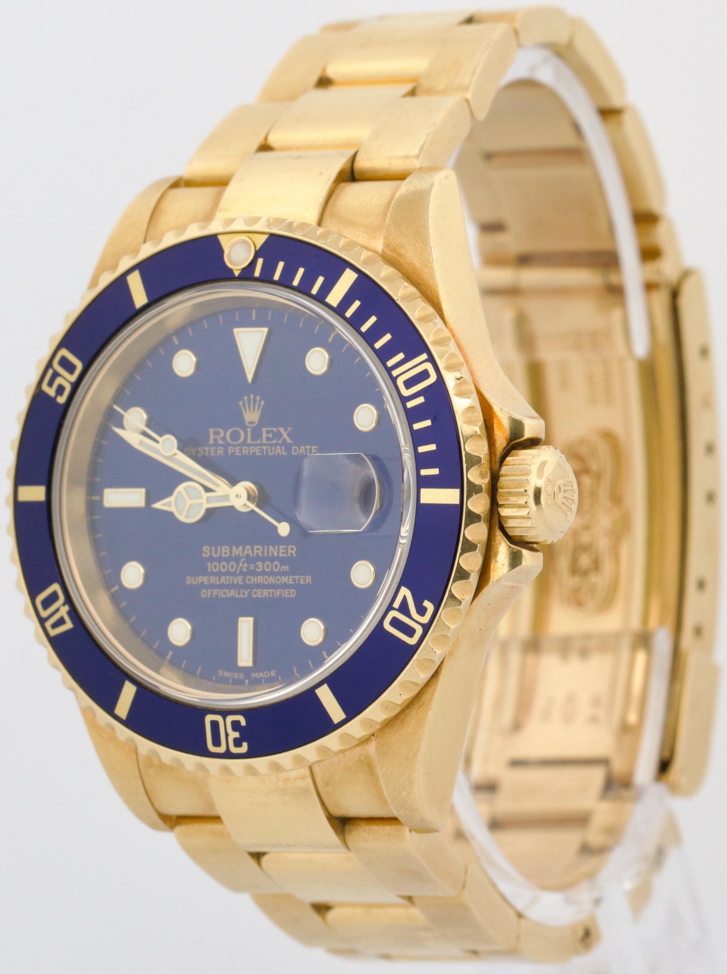 UNPOLISHED Rolex Submariner Date BLUE 18K Yellow Gold NO-HOLES 40mm 16618 Watch