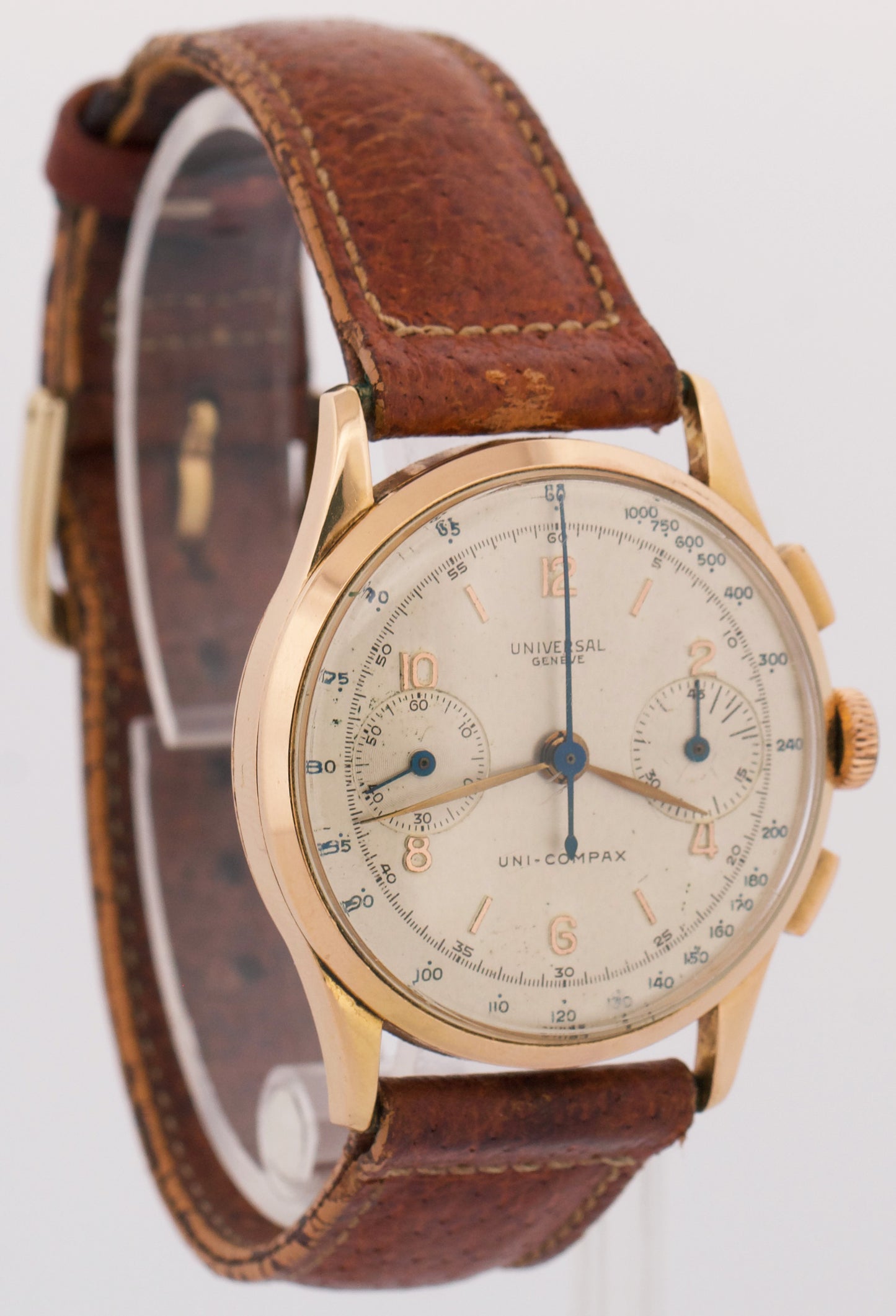 VINTAGE Universal Uni-Compax SILVER 35mm 18K Rose Gold Leather Manual 12445