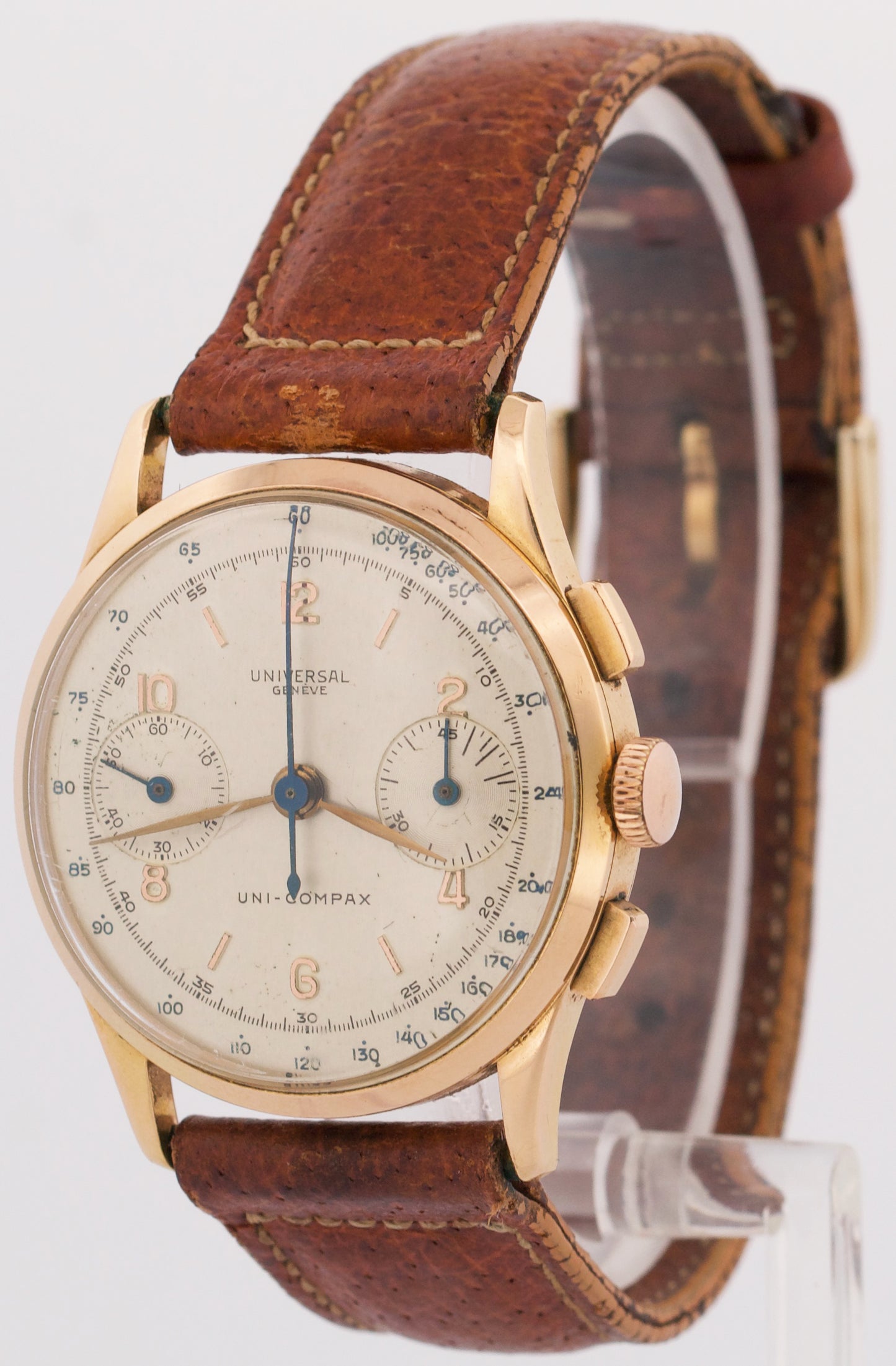 VINTAGE Universal Uni-Compax SILVER 35mm 18K Rose Gold Leather Manual 12445