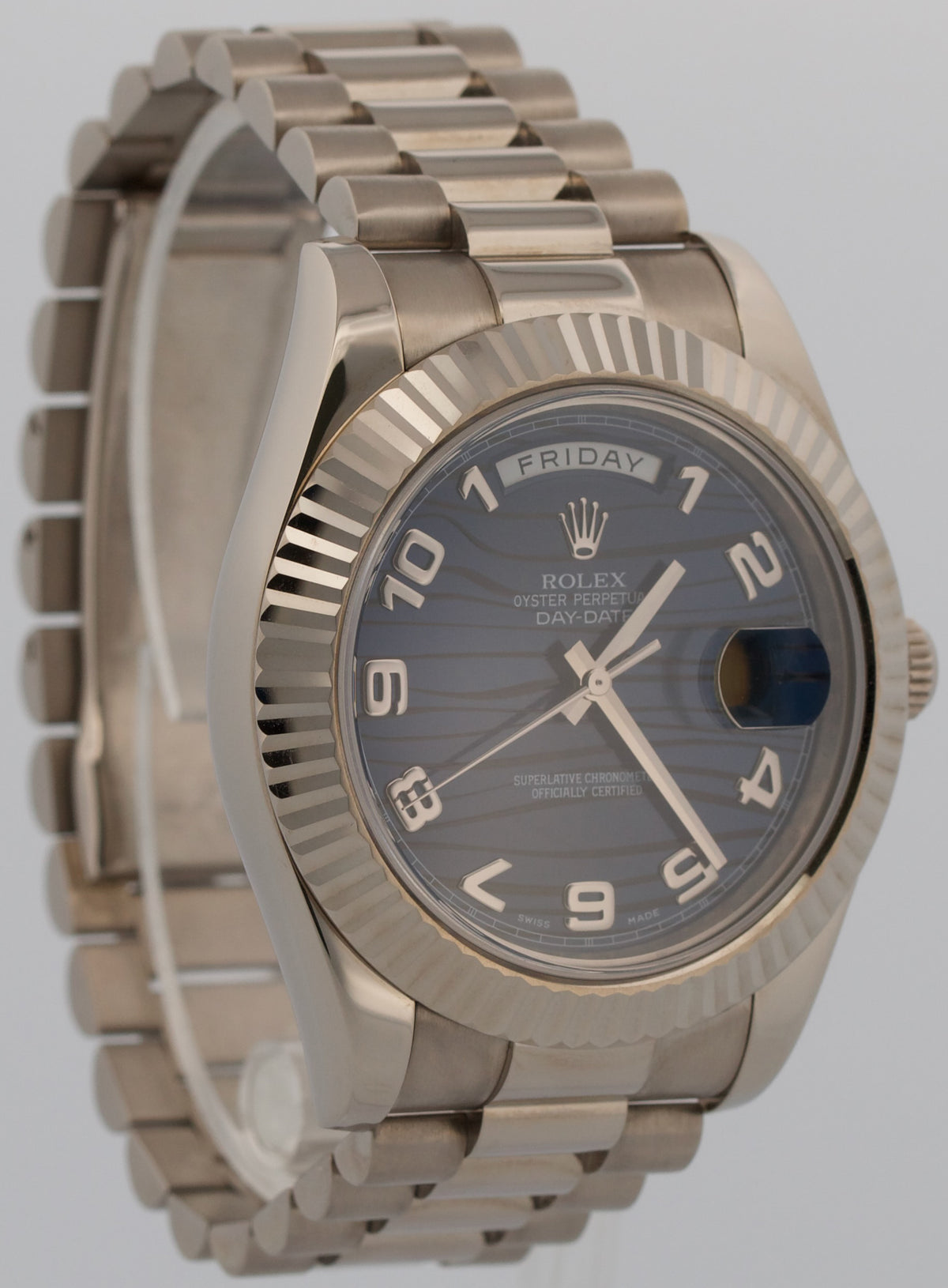Rolex Day-Date II 218239 Blue Arabic Wave 18K White Gold President 41mm Box